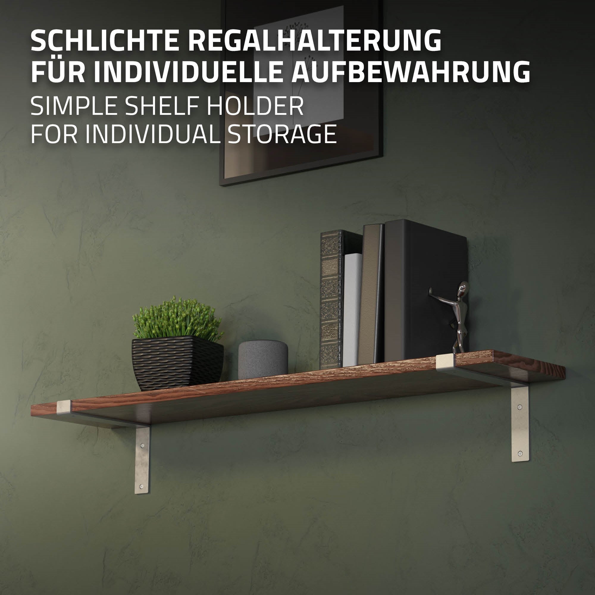 Regalhalterung aus Metall mit Holzregal und Pflanzen.