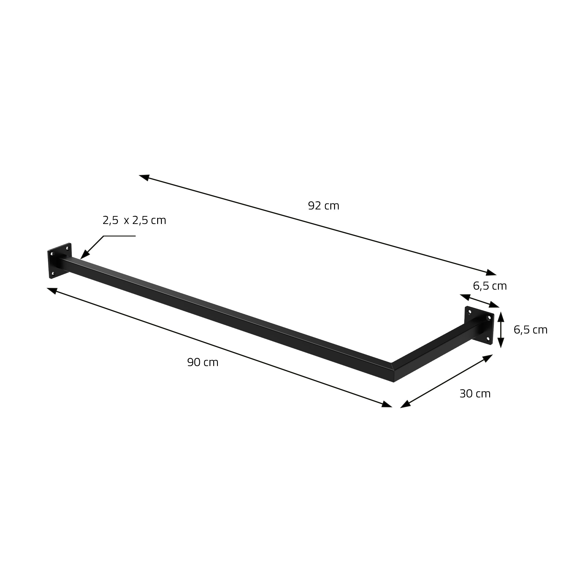 Musta seinäkiinnike mitoilla: 92 cm pitkä, 2,5 cm korkea, 6,5 cm syvä.