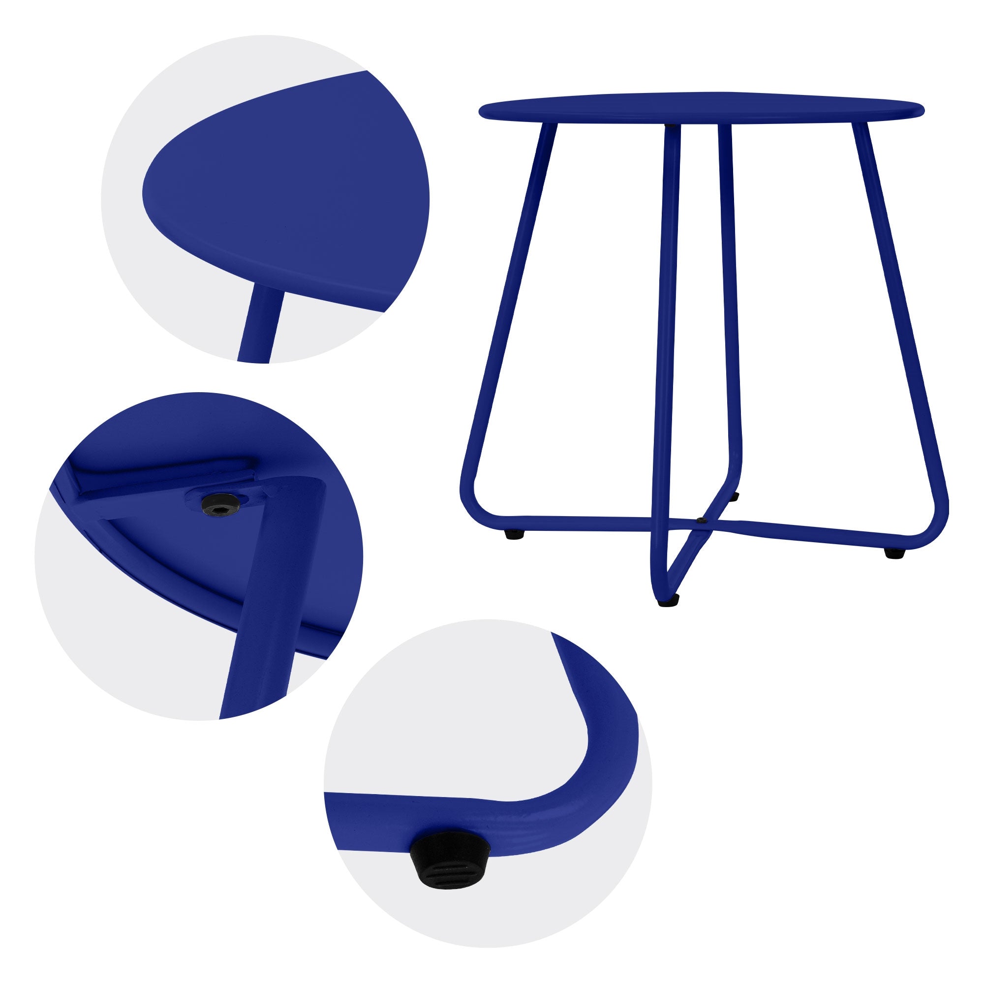 Blauer Tisch mit runder Tischplatte und drei Beinen.