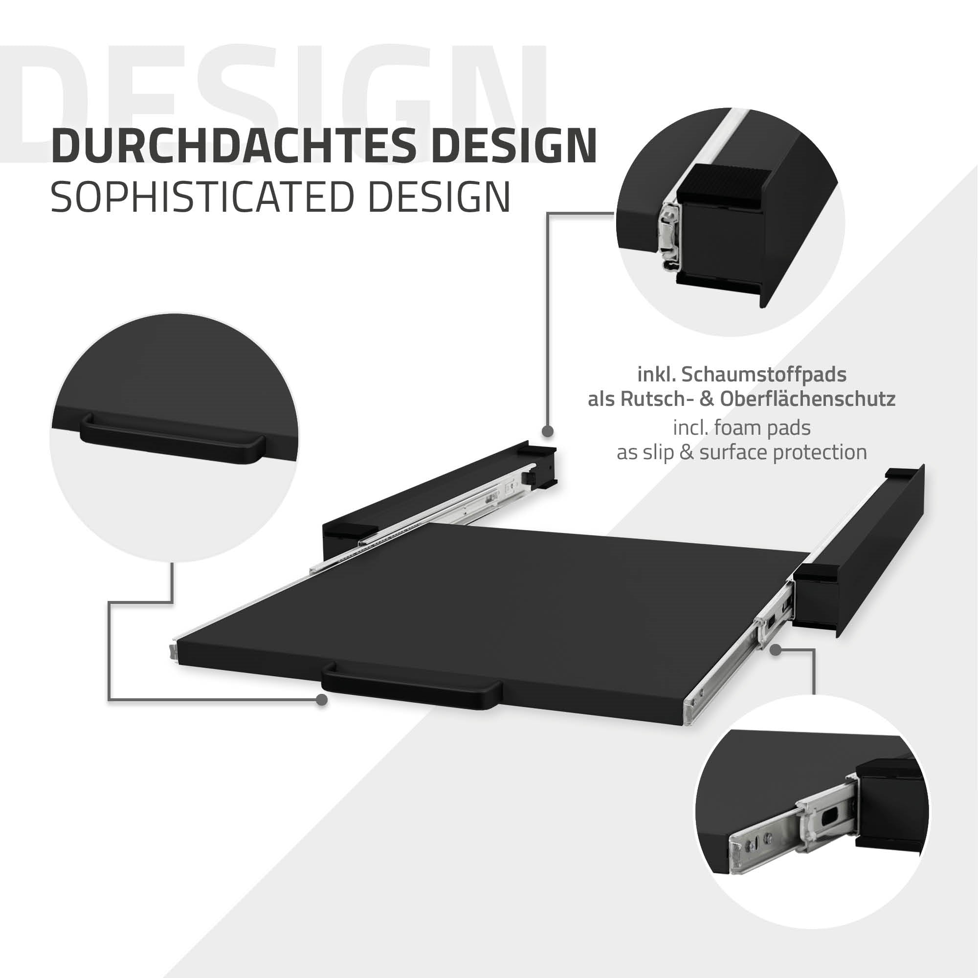 Vue détaillée d'un design réfléchi avec des patins en mousse pour la protection contre le glissement et la surface.