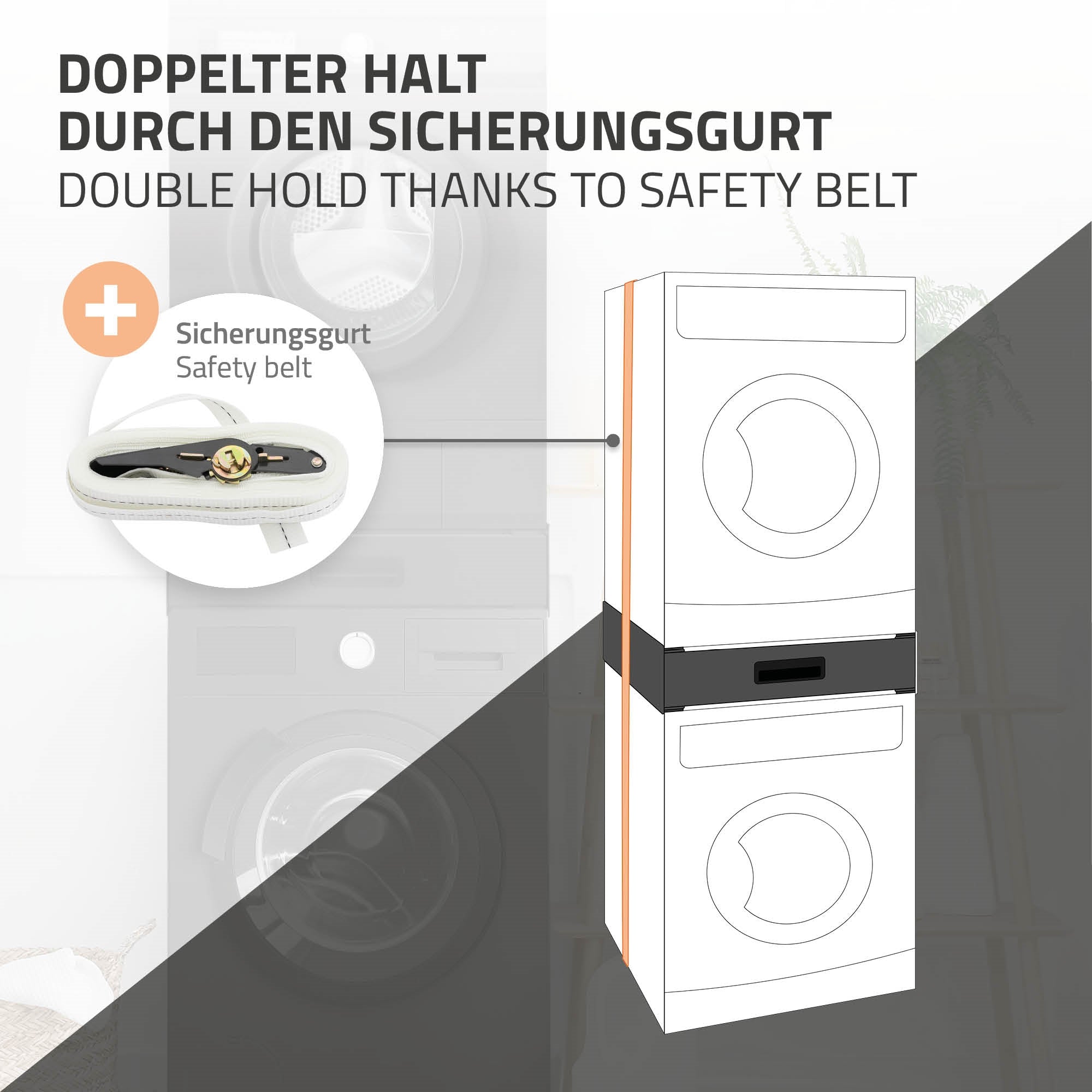 Illustration af et vaskemaskineunderstel med sikkerhedssnor til stabilisering.