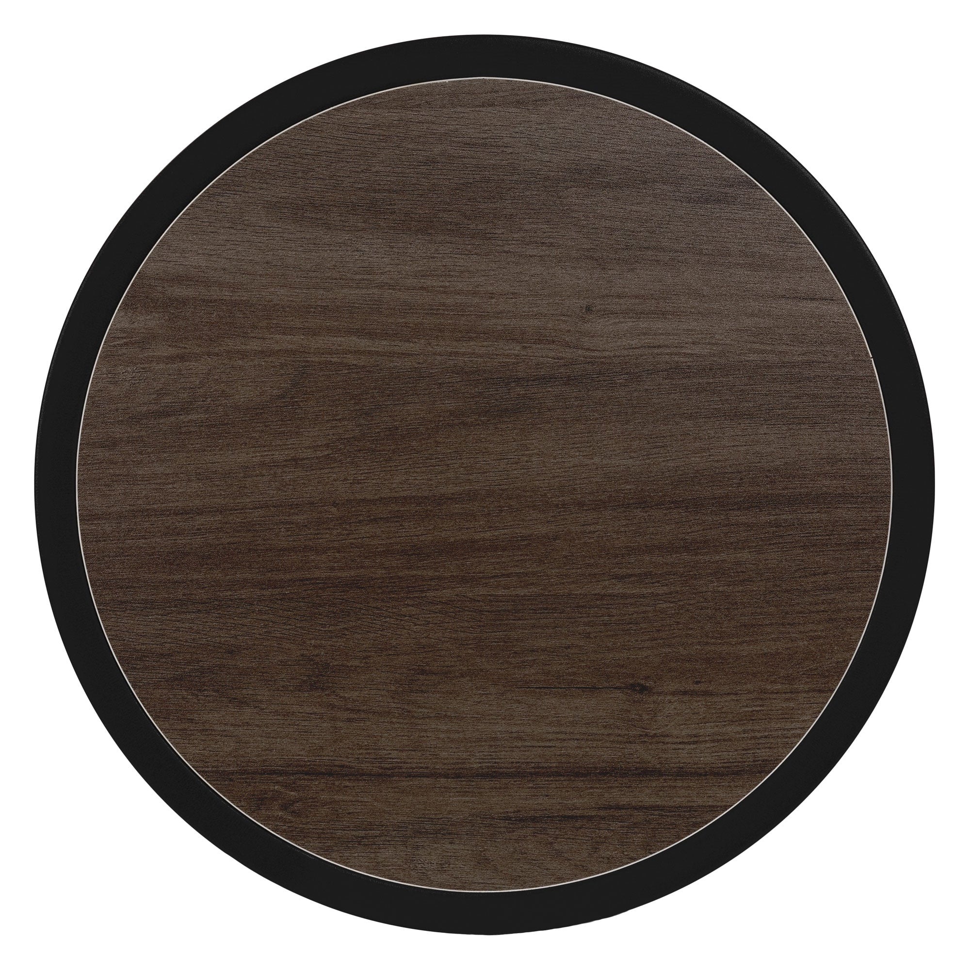 Tavolo rotondo in legno con bordo nero.