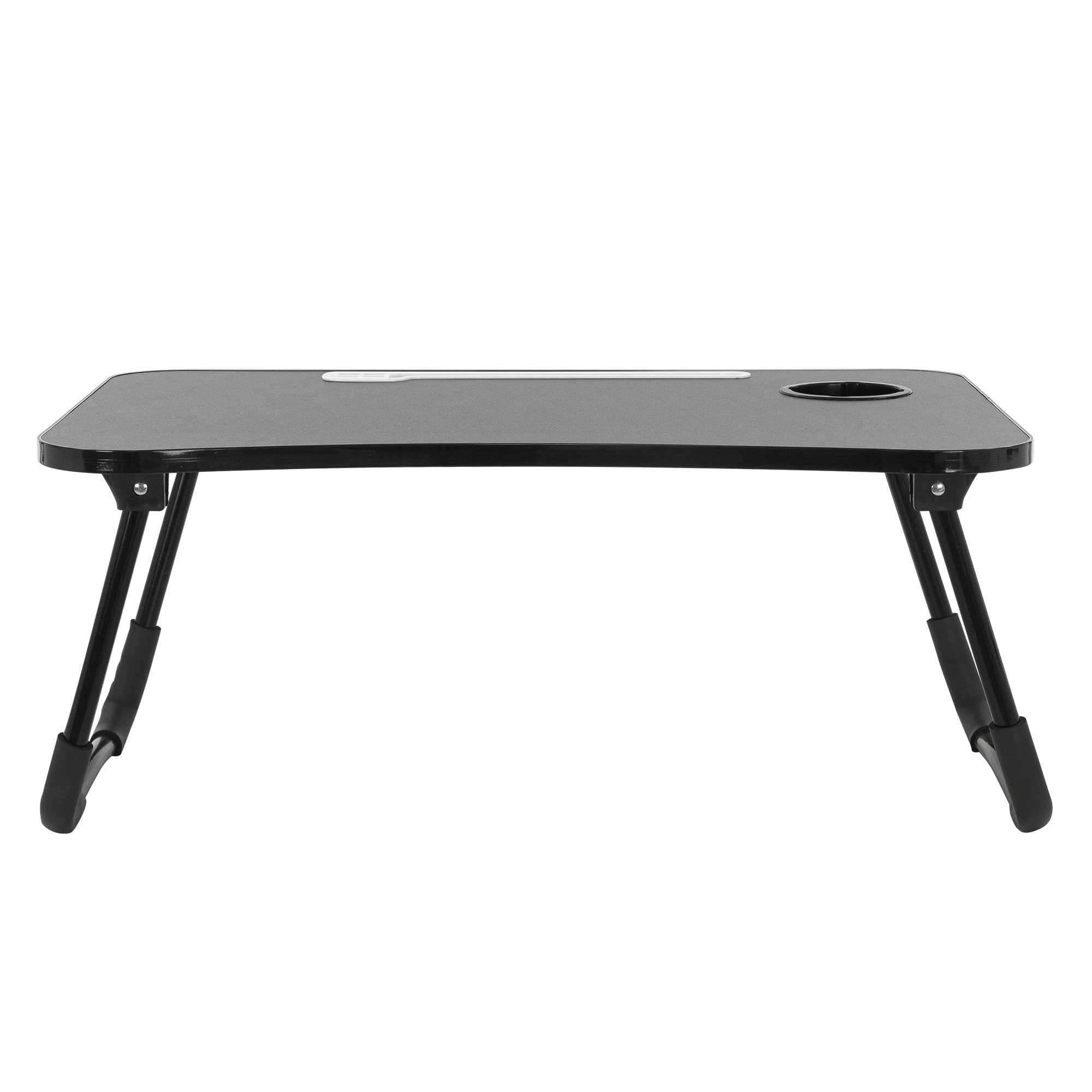 Tavolo nero pieghevole con portabevande.