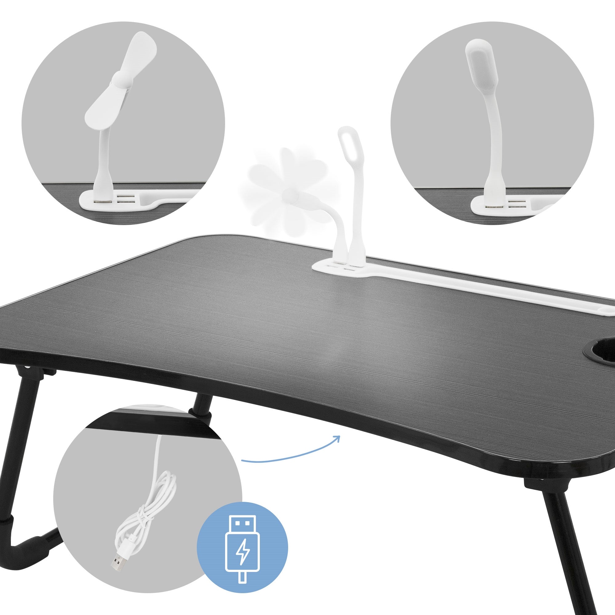 Superficie del tavolo nera con cavo USB e una lampada a forma di ventilatore.