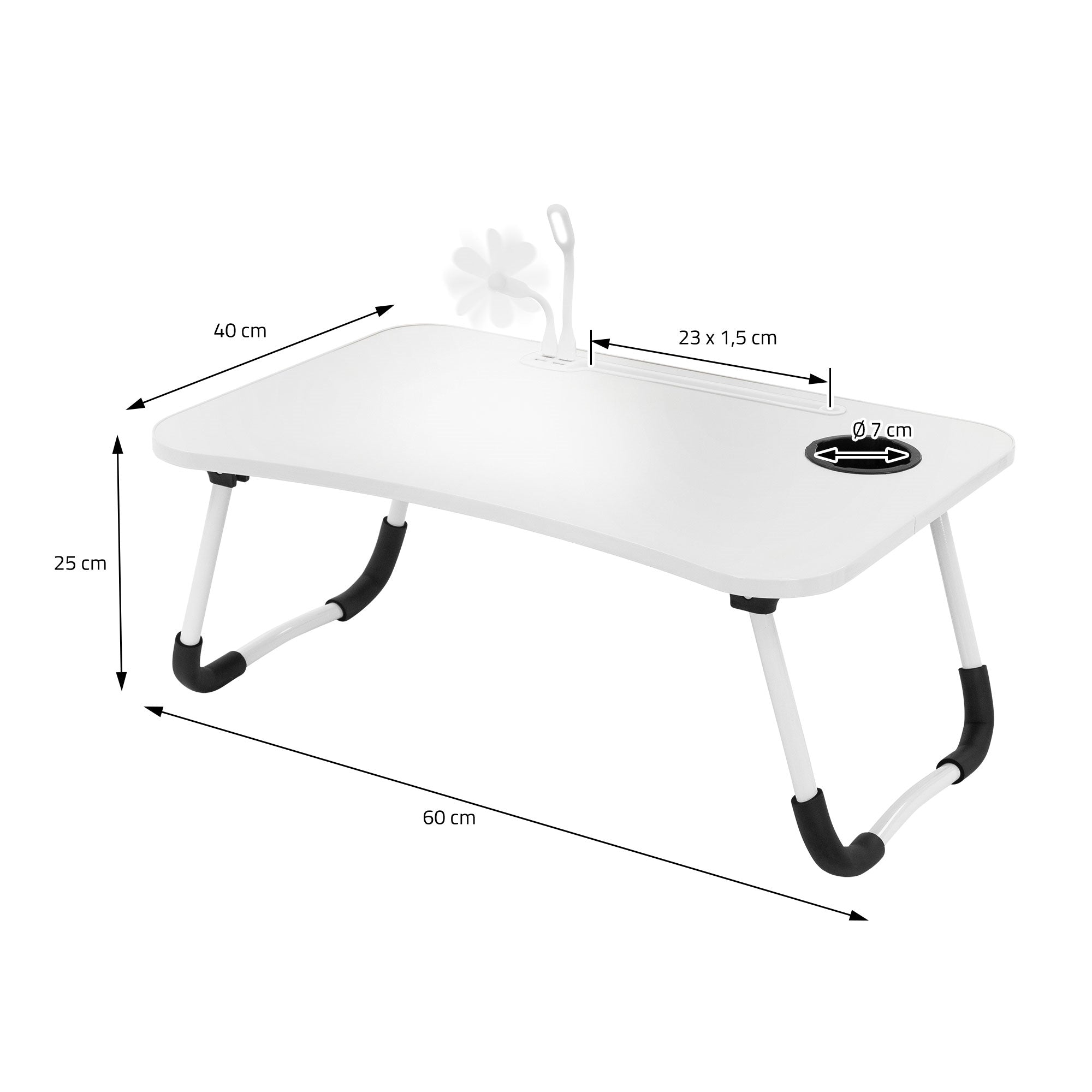 Mitat valkoisesta pöydästä, leveys 60 cm ja korkeus 25 cm.