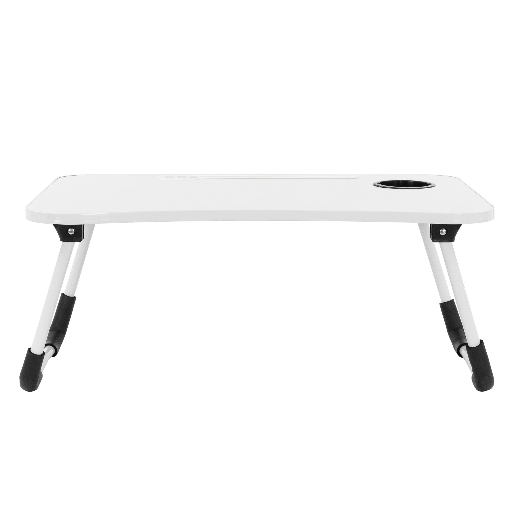 Tavolo bianco pieghevole con portabevande, minimalista.