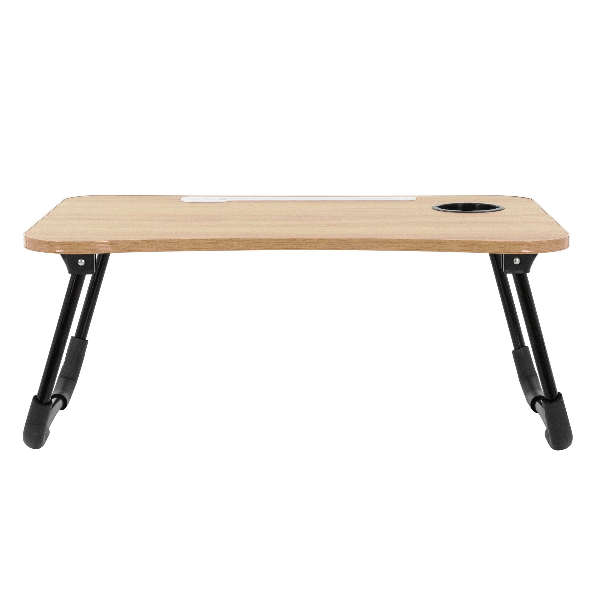 Un tavolo pieghevole in legno chiaro con un'incavo per le bevande.