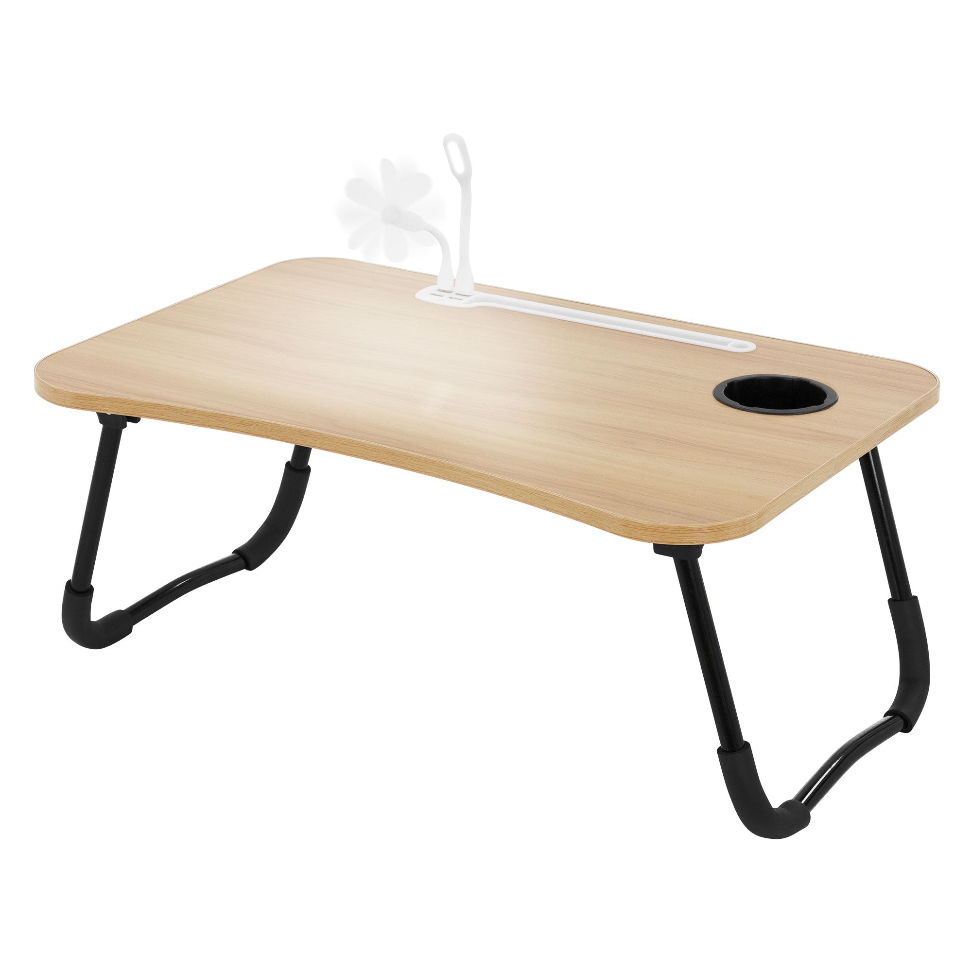 Tavolo in legno con bordi curvi e struttura nera, con un'apertura per bevande.
