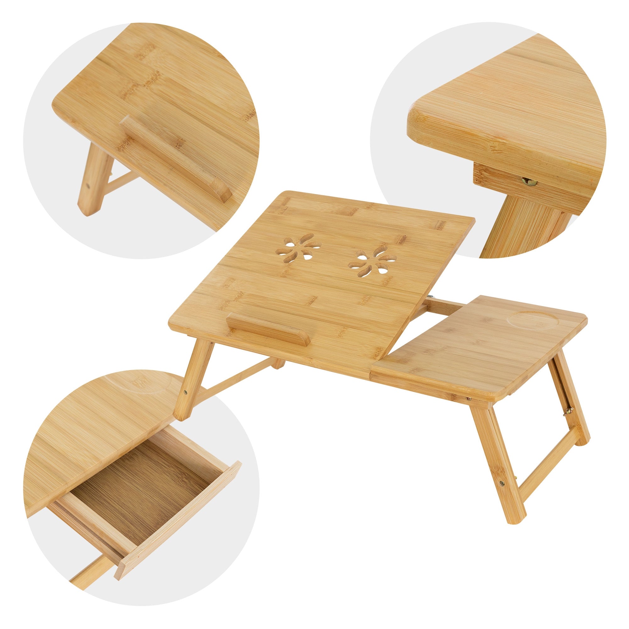 Detailansicht eines klappbaren Holztisches mit Ablage und Belüftungslöchern.