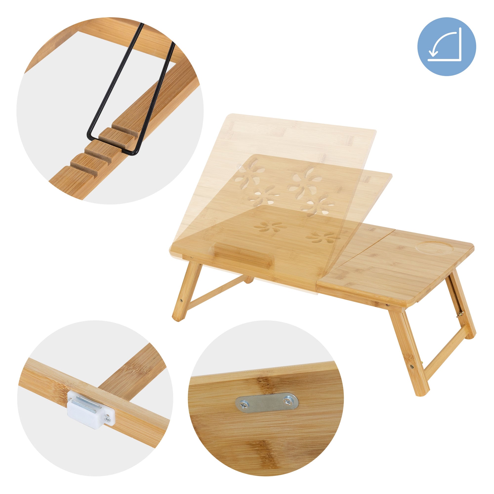 Holztisch mit verstellbarem Ablagebrett und Halterung.