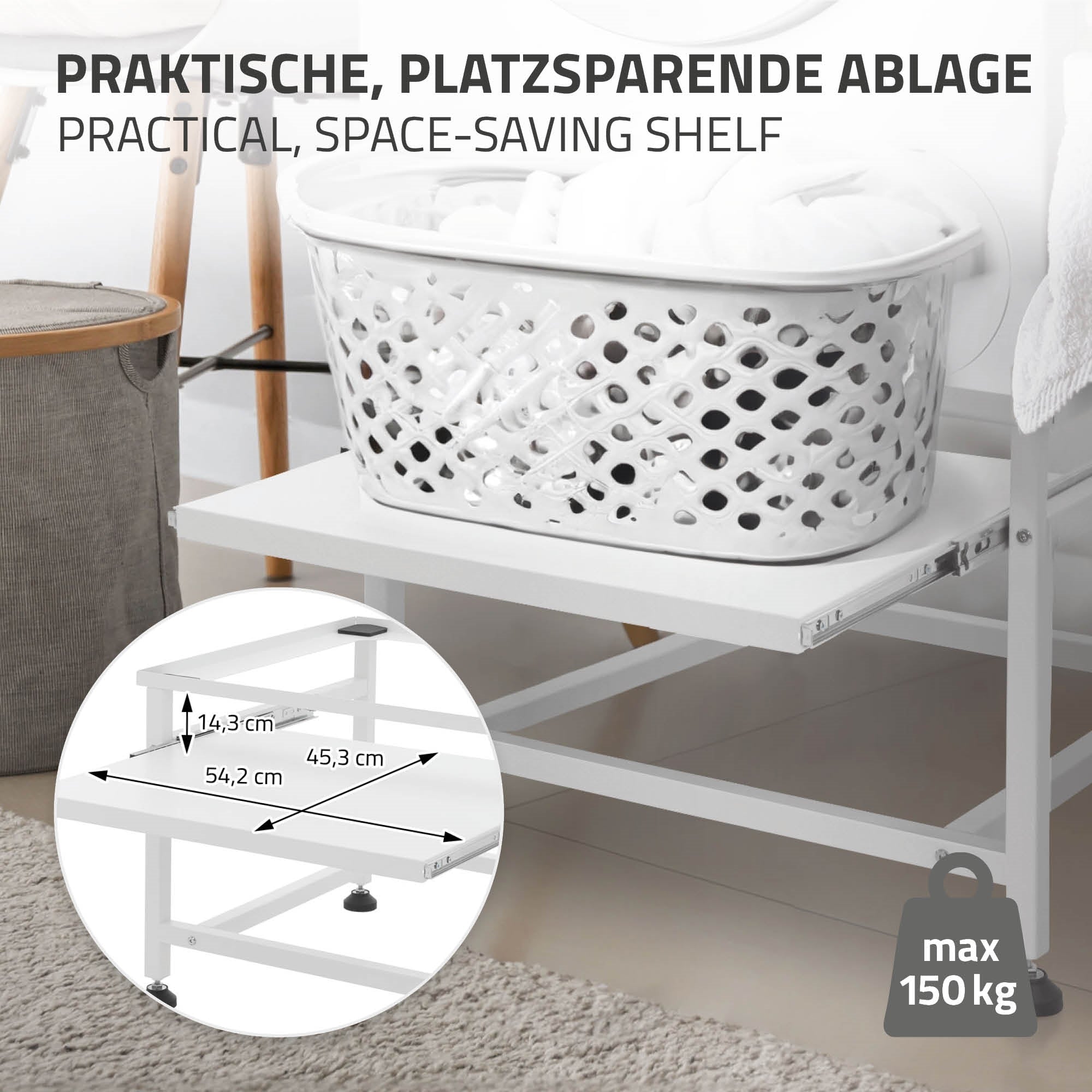 Ruimtebesparende opbergruimte met wasmand, afmetingen en maximale belasting afgebeeld.