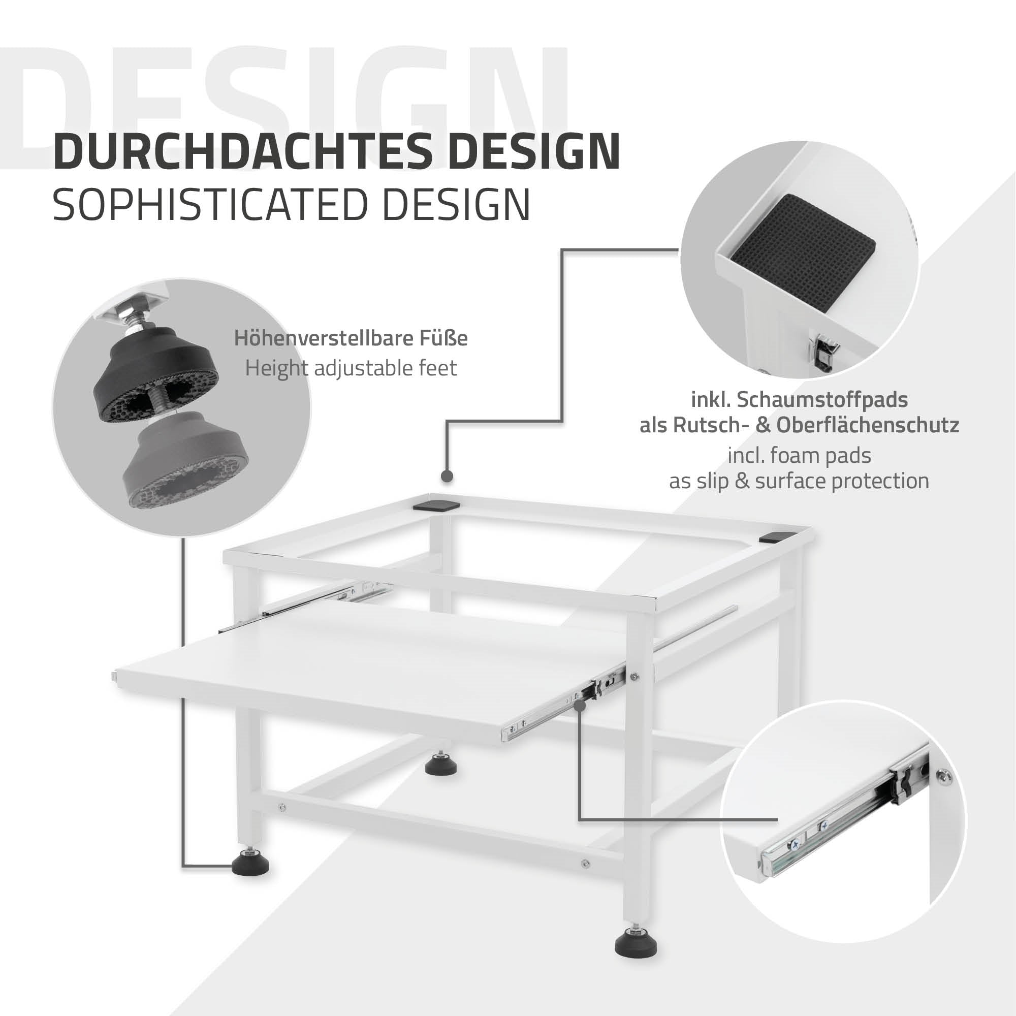 Tafel met in hoogte verstelbare voeten en schuimrubberen pads als antislip- en oppervlaktebescherming.