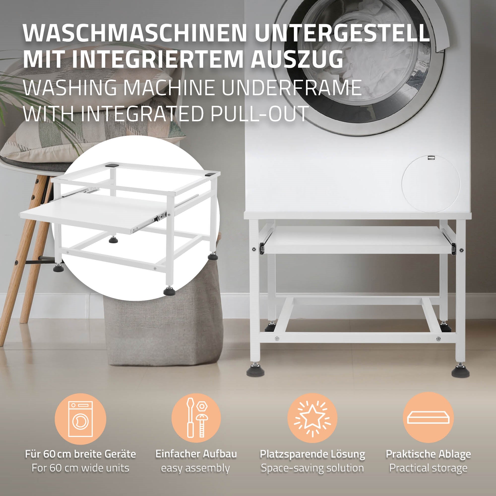 Wasmachines onderbouw met geïntegreerde uittrek en praktische opbergruimte.