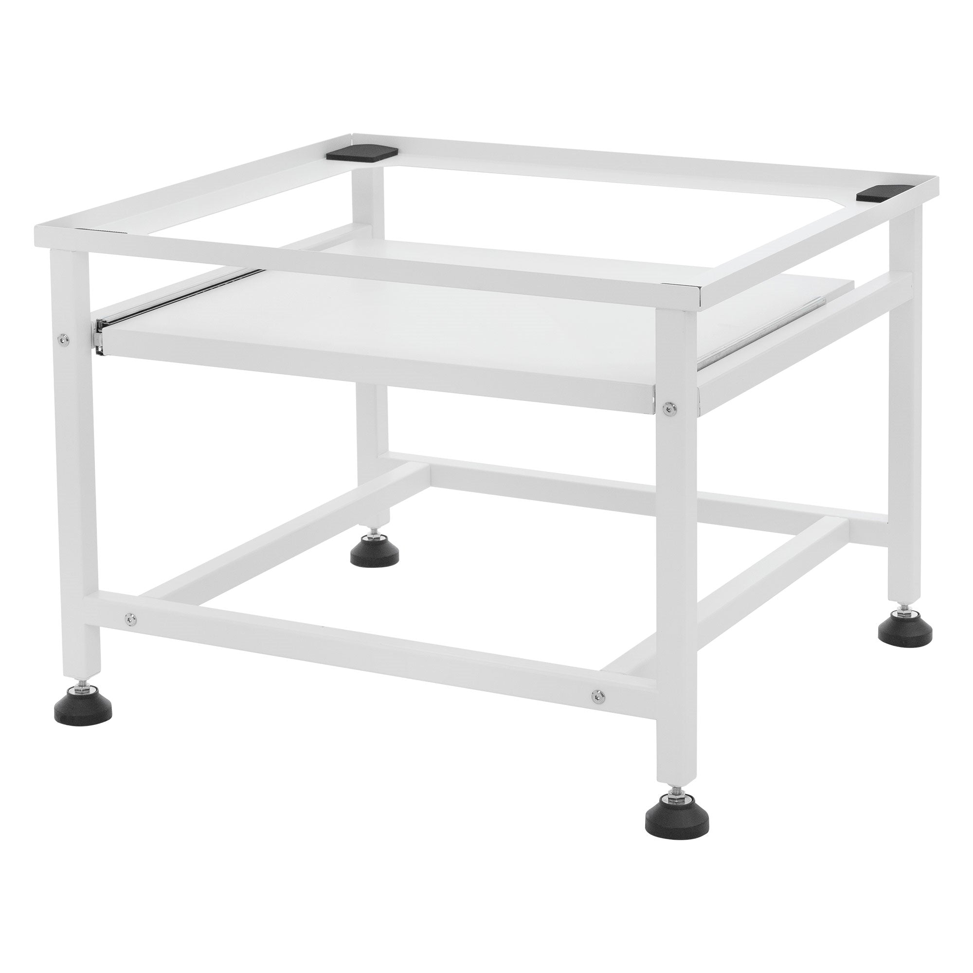 Witte tafel met twee niveaus en verstelbare voeten.