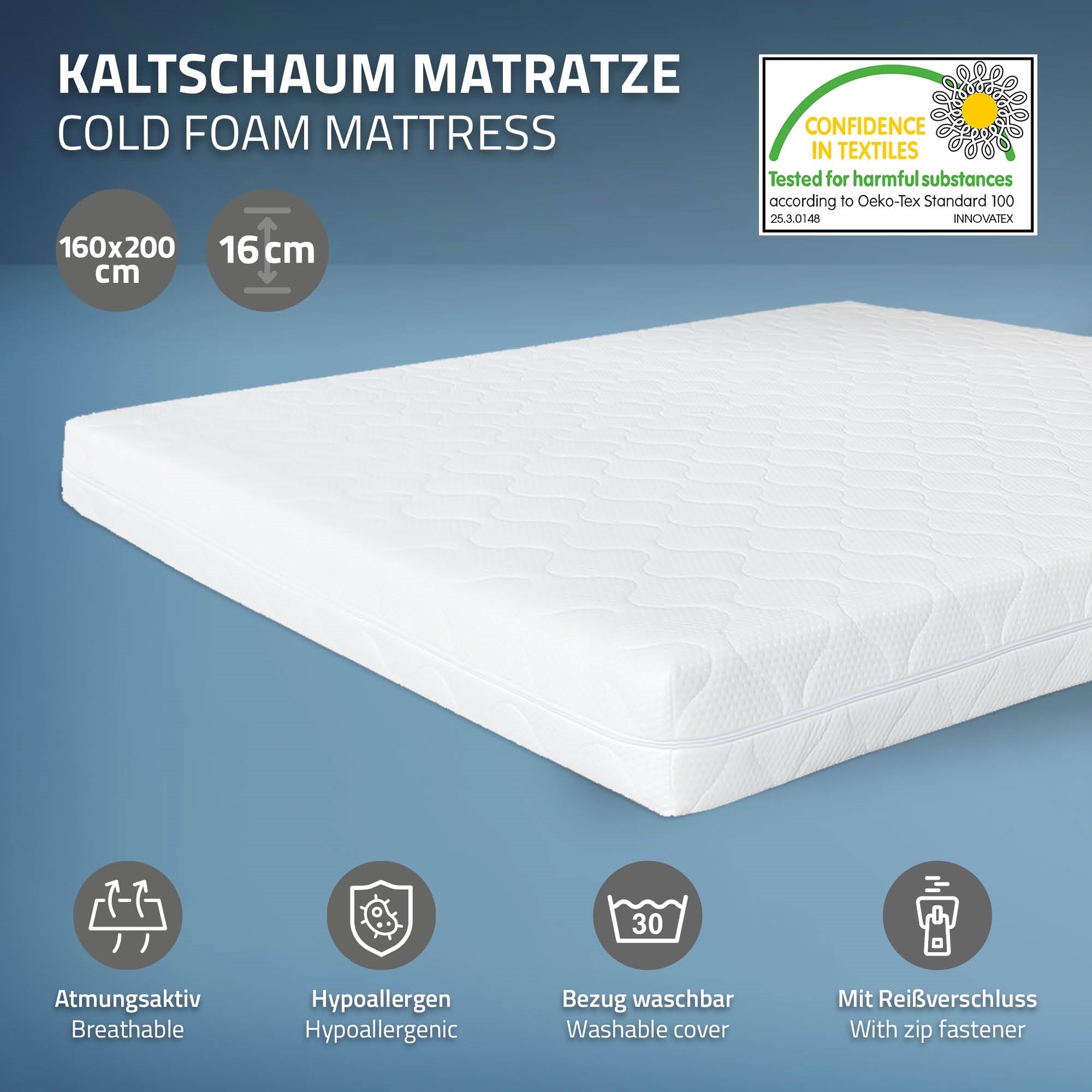 Kaltschaummatratze in der Größe 160x200 cm mit abnehmbarem Bezug.