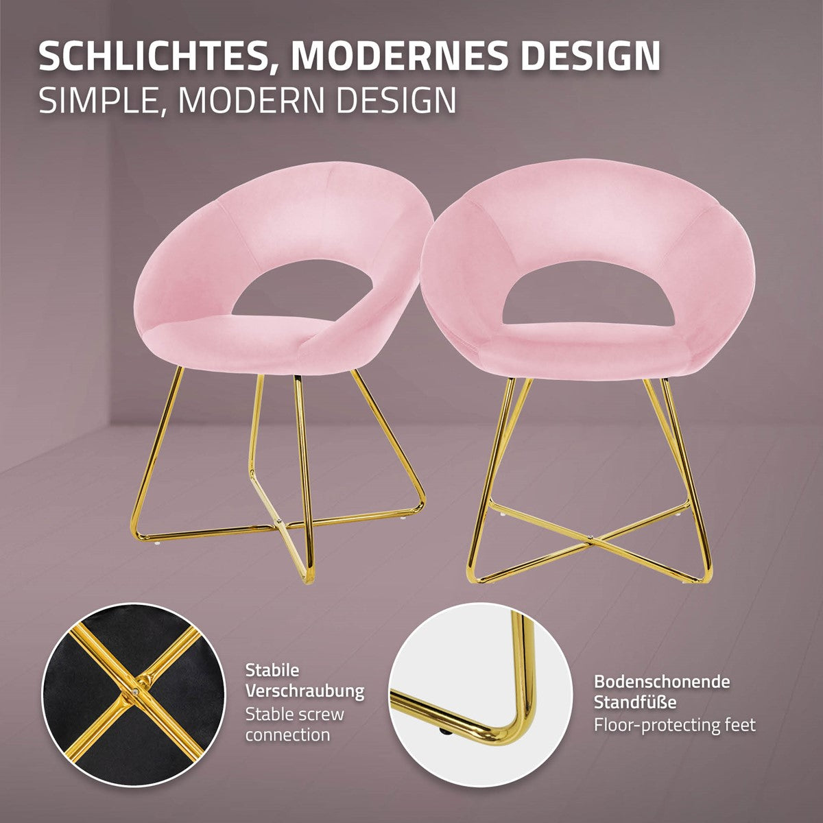 Zwei moderne, rosa Stühle mit goldenen Beinen auf einem grauen Hintergrund.