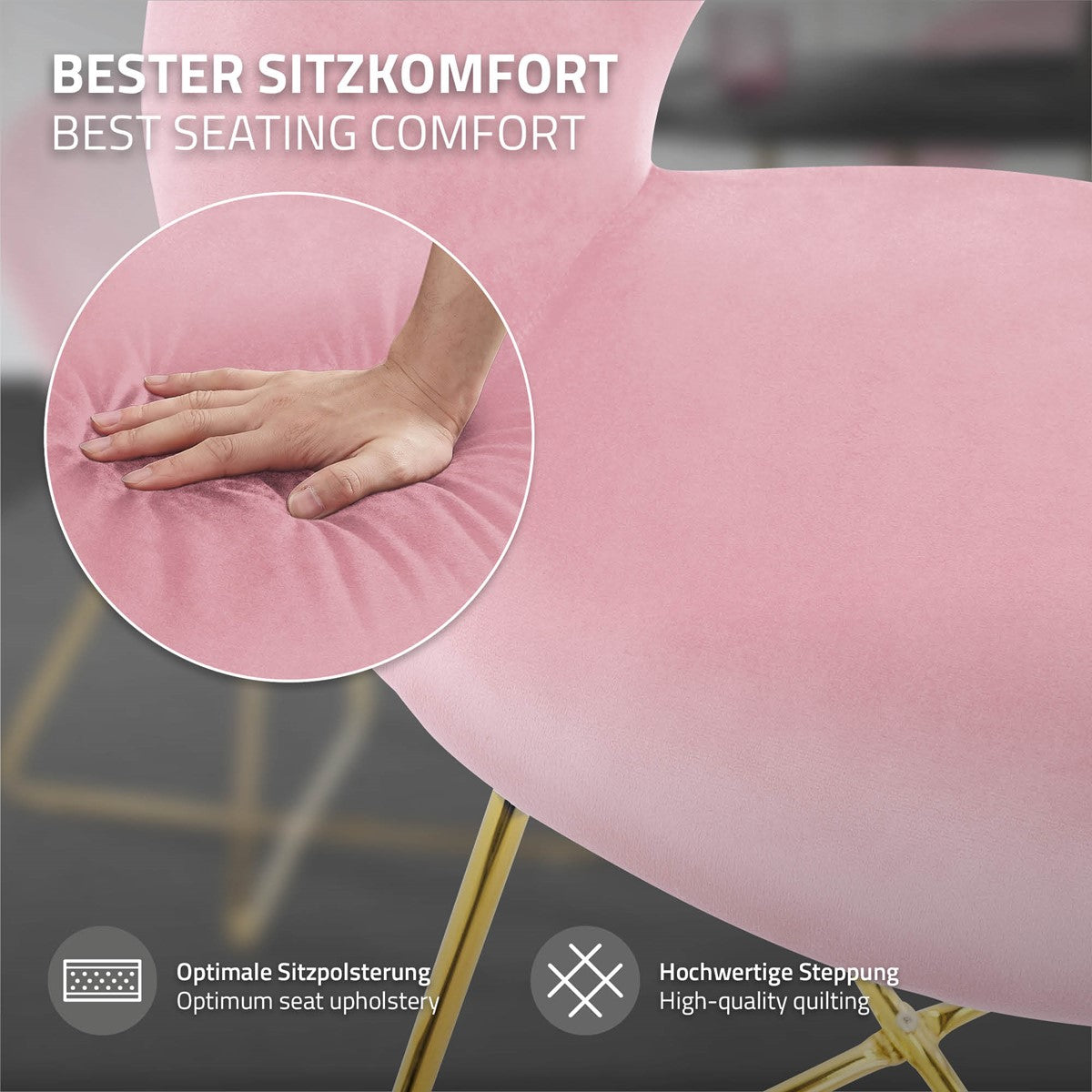 Nahaufnahme einer Hand auf einem rosa gepolsterten Stuhl.