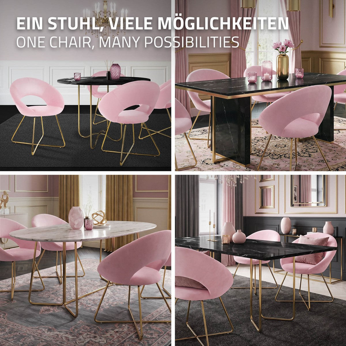 Collage von rosa Esszimmerstühlen in verschiedenen Tischanordnungen.