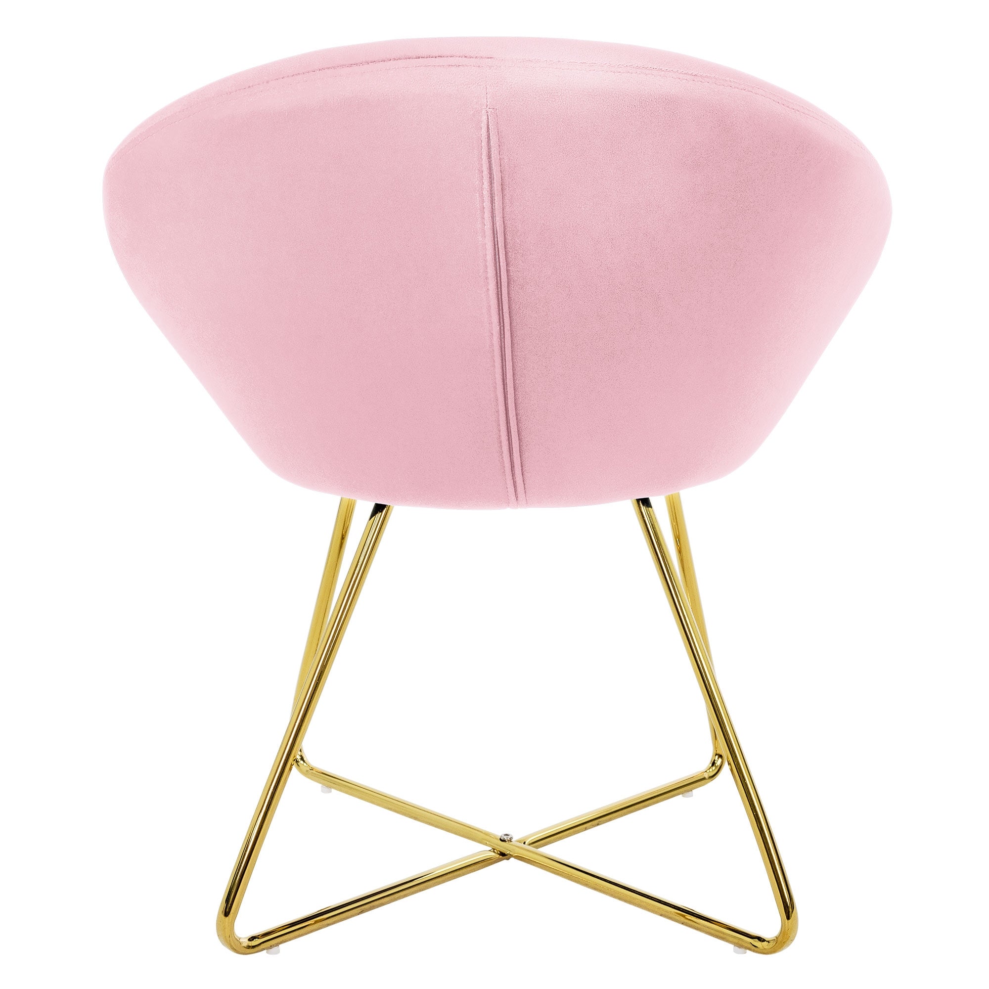 Vue arrière d'un fauteuil rose avec des pieds dorés.