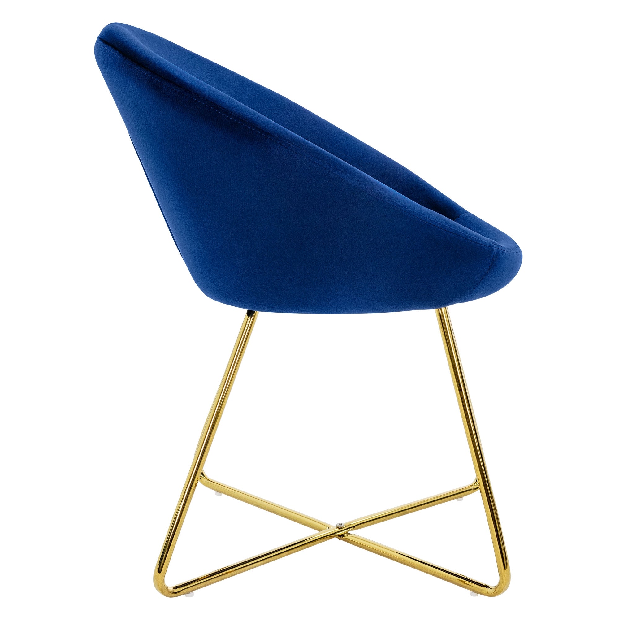 Sedia blu con gambe dorate, vista laterale.