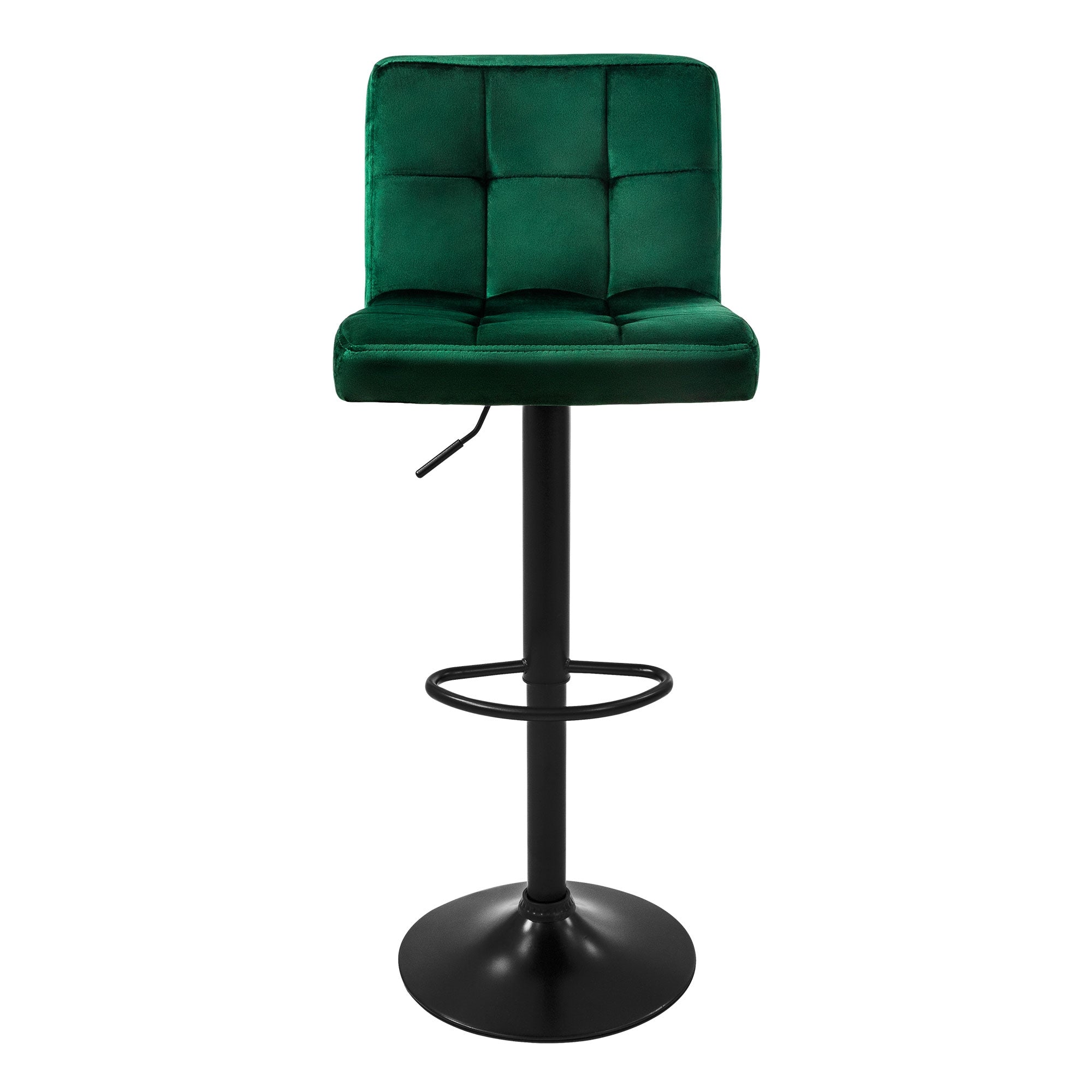 Un singolo sgabello da bar verde con seduta imbottita e base nera.