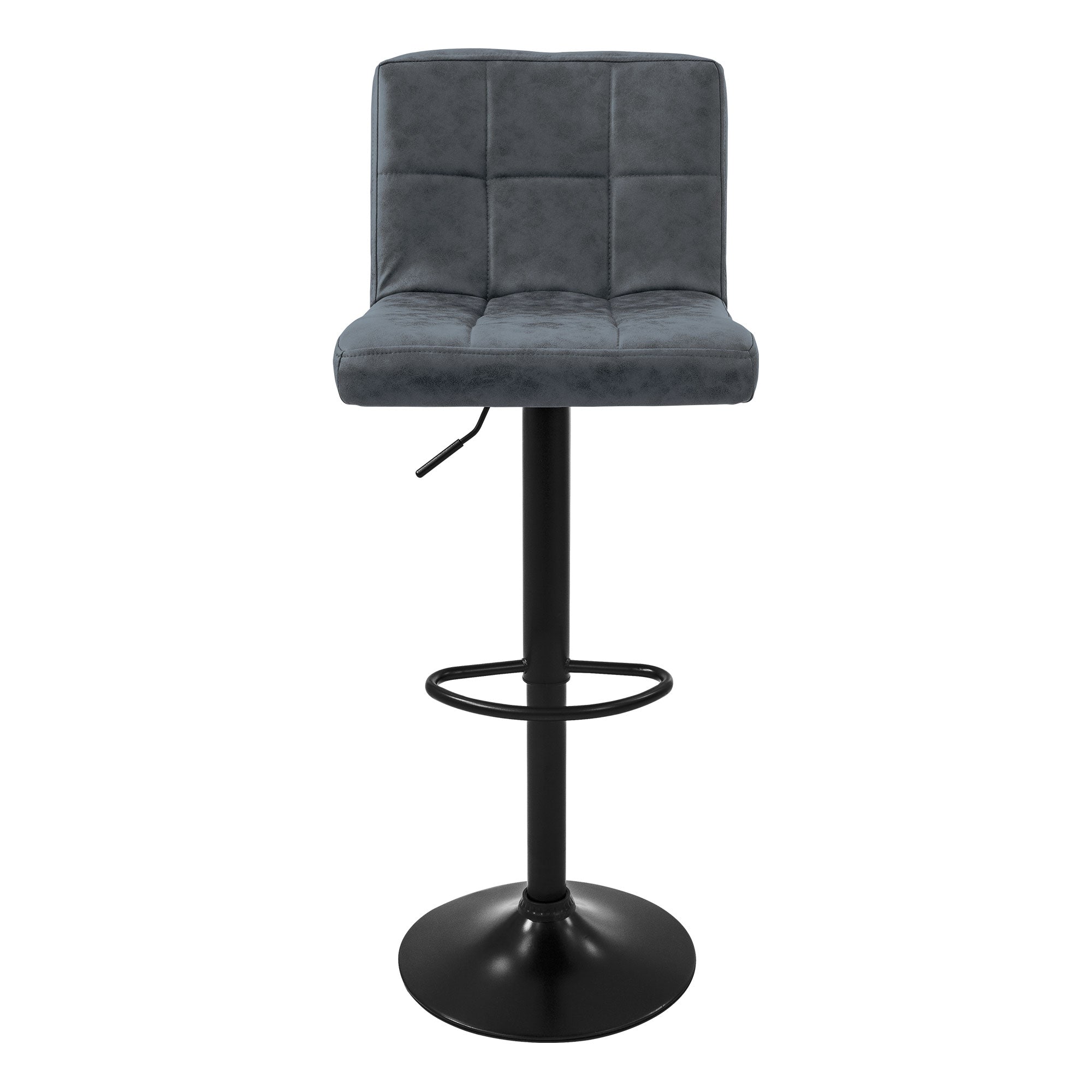 Sgabello grigio con seduta quadrata e altezza regolabile.