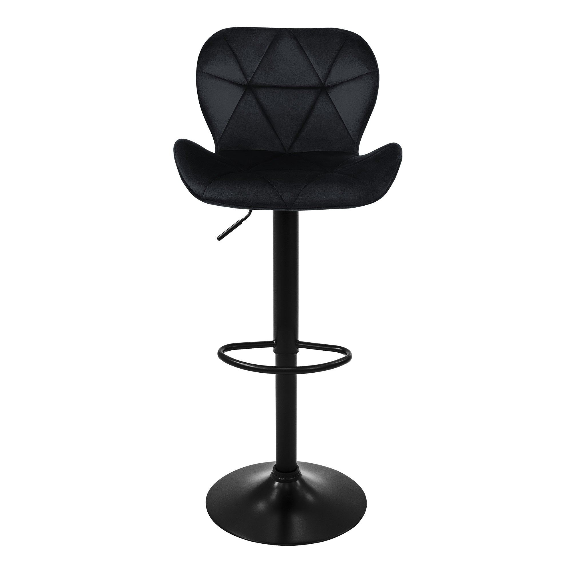 Black bar stool with padded seat and adjustable height.