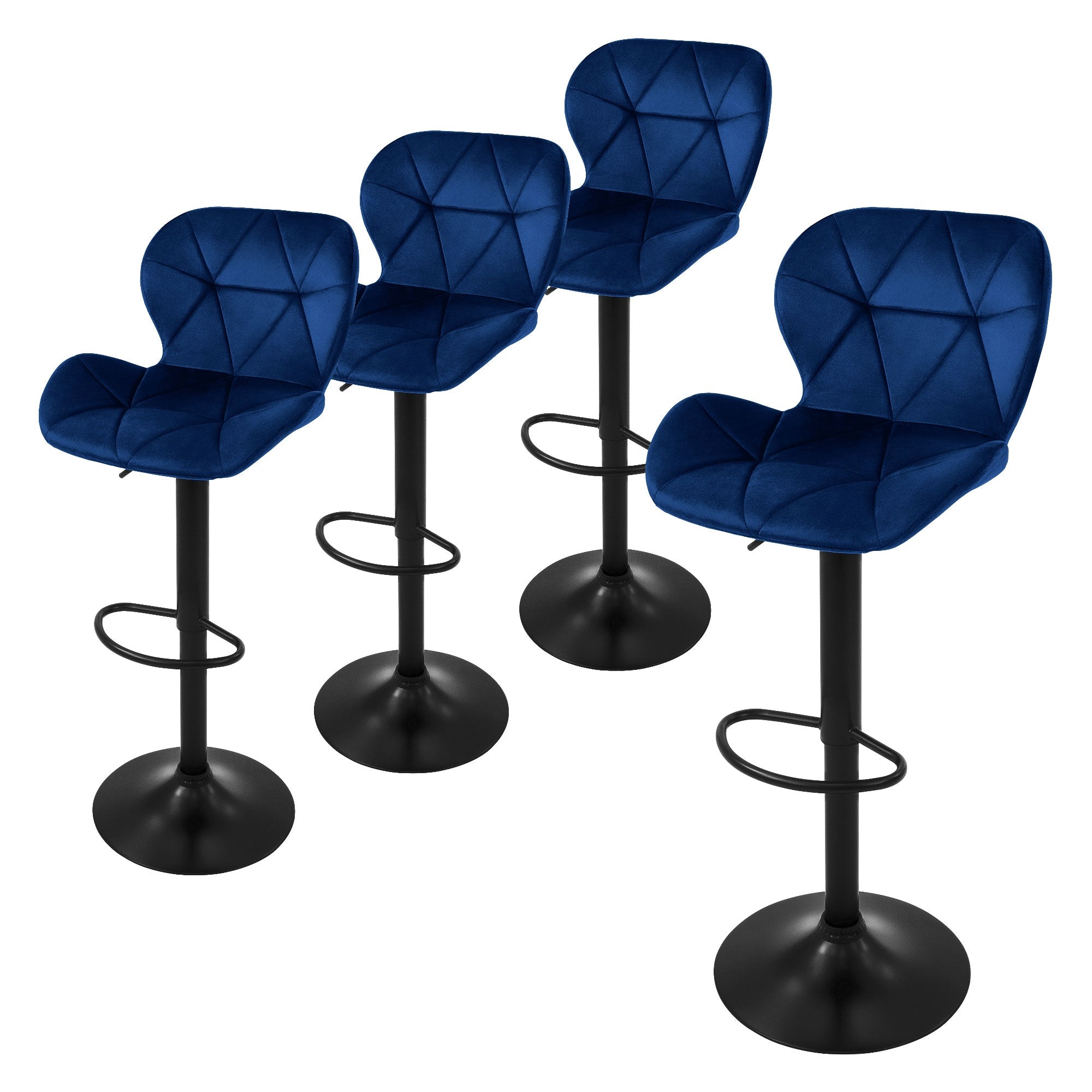 Quattro sgabelli blu con base nera in fila.