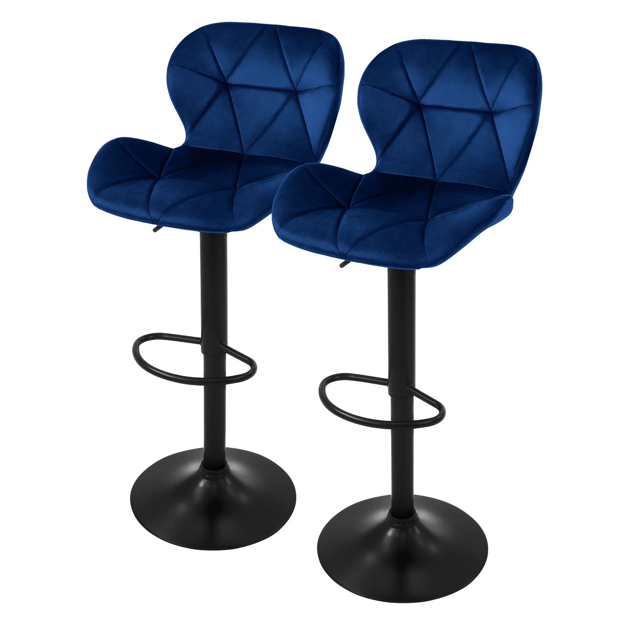 Zwei blaue Barhocker mit gepolsterten Sitzen und schwarzem Fußgestell.