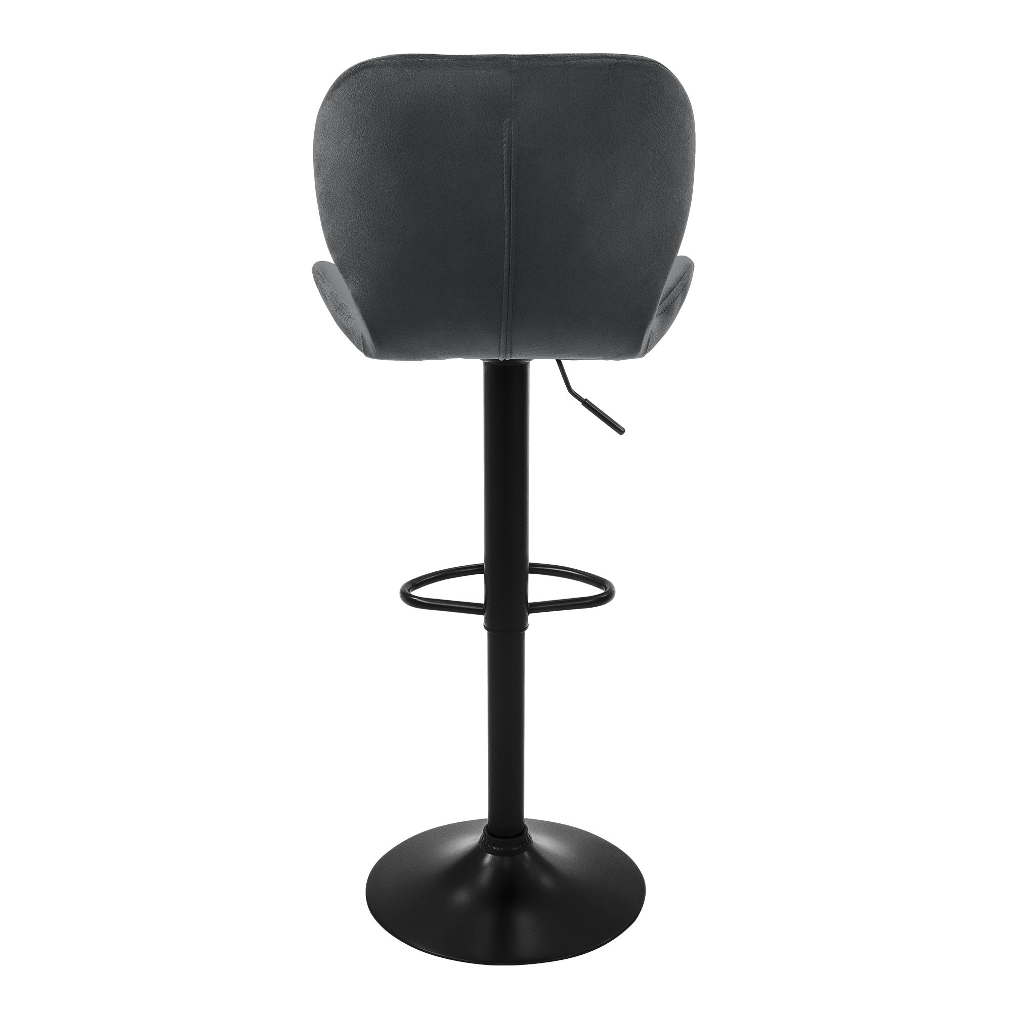 Vista posteriore di uno sgabello grigio con base nera.