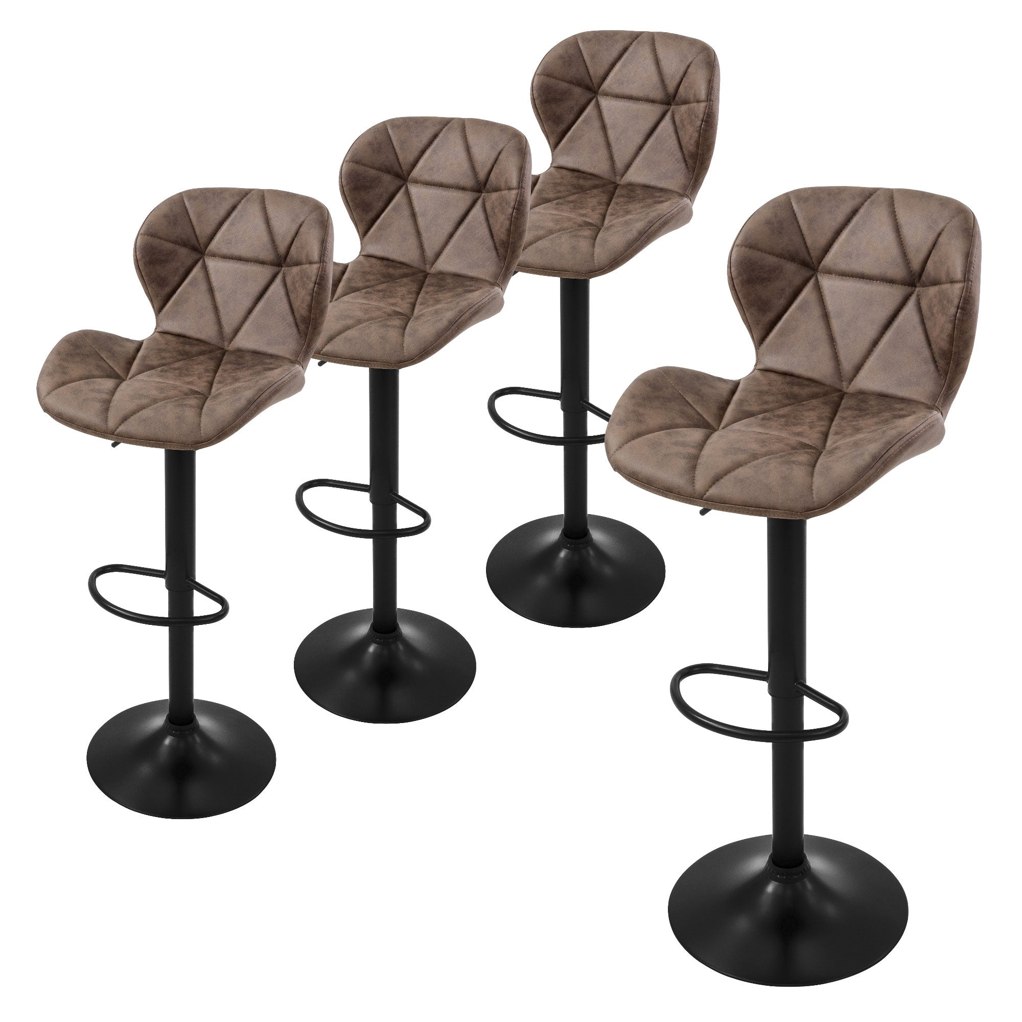 Quattro sgabelli con rivestimento marrone e struttura nera affiancati.