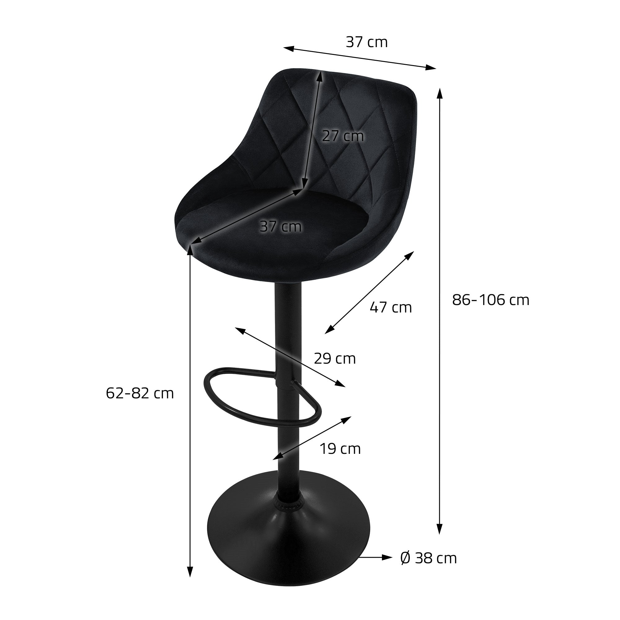 Zwarte barkruk met maatgegevens in cm, verstelbare hoogte van 86-106 cm.