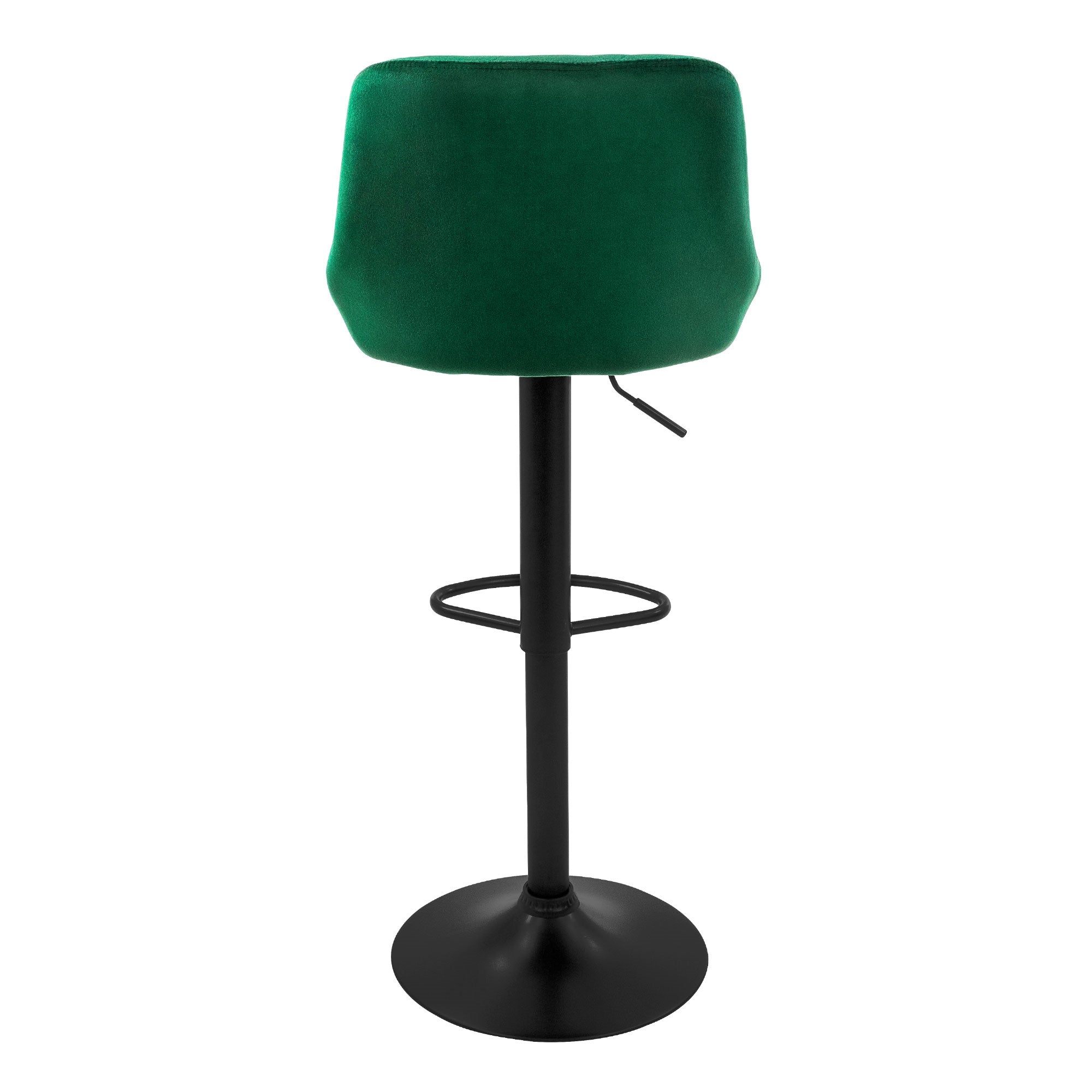 Vista trasera de una silla de bar verde con base negra.