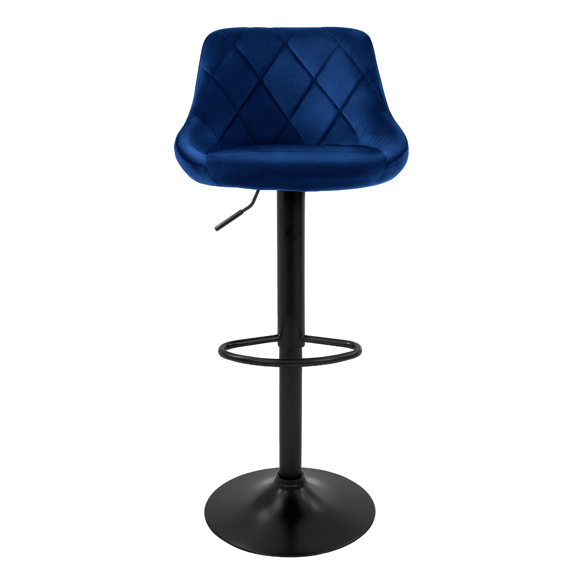 Un singolo sgabello blu con seduta imbottita e struttura nera.