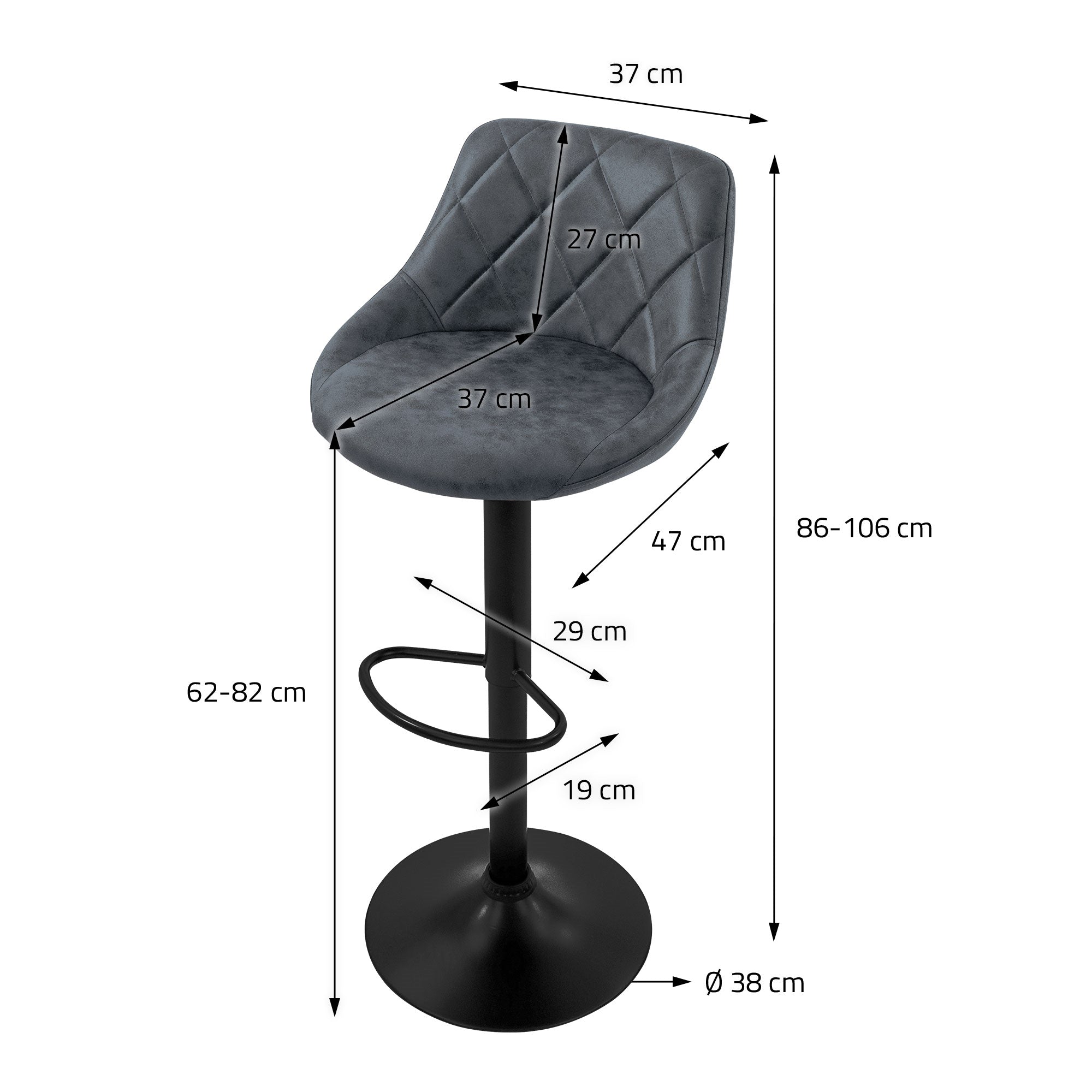 Taburete con medidas: 86-106 cm de alto, 37 cm de ancho de asiento, 29 cm de reposapiés.