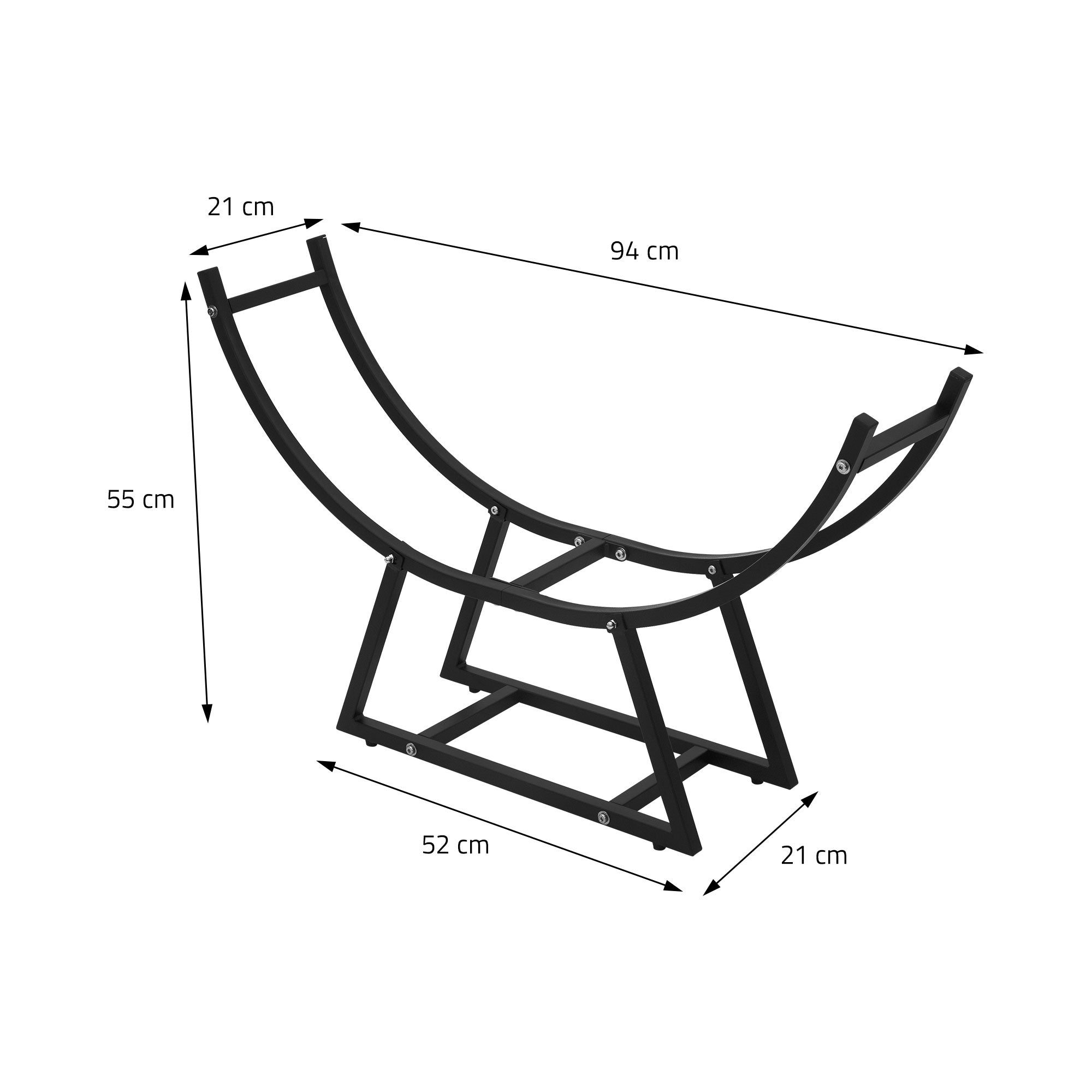 Soporte negro curvado con medidas: 94 cm x 55 cm x 21 cm.