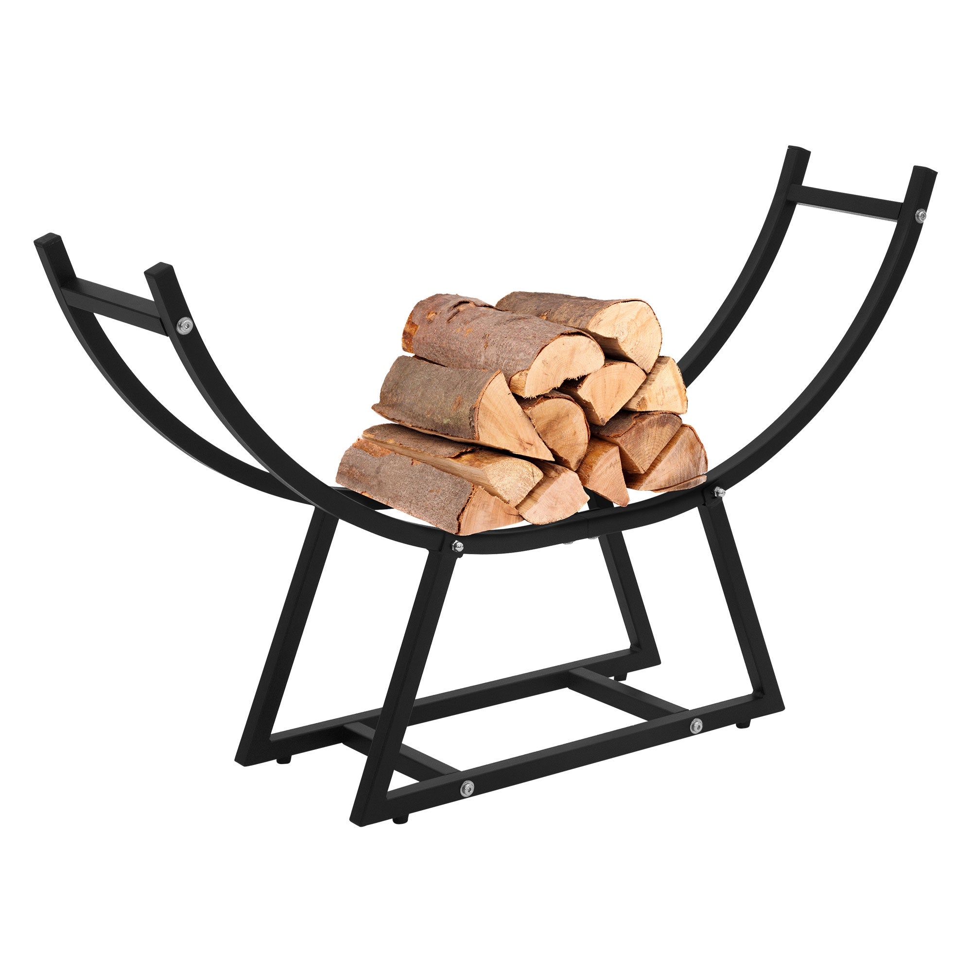 Soporte de madera negro con madera apilada.