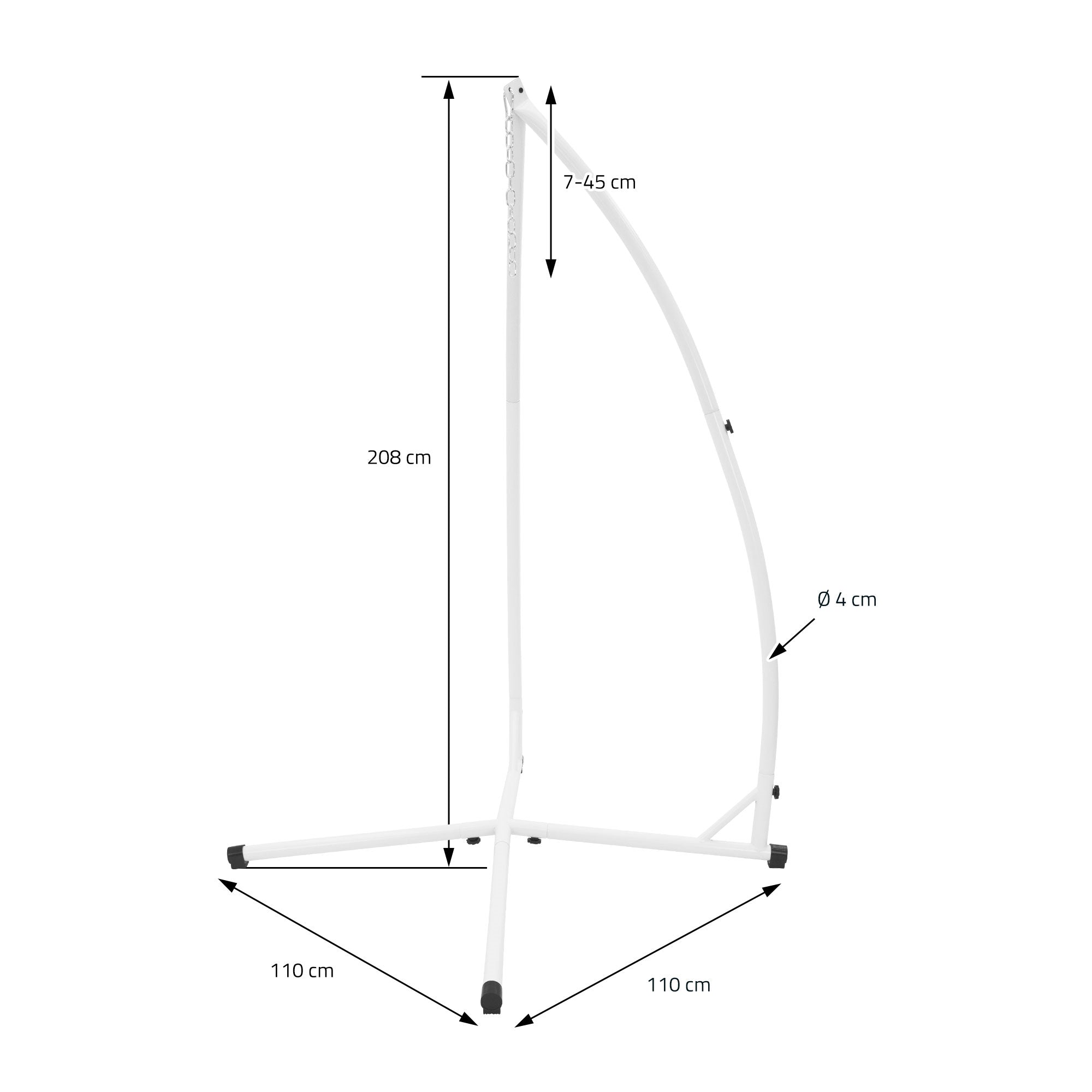 Weißer Hängeständer mit Maßen, Höhe 208 cm, Breite 110 cm, Durchmesser 4 cm.