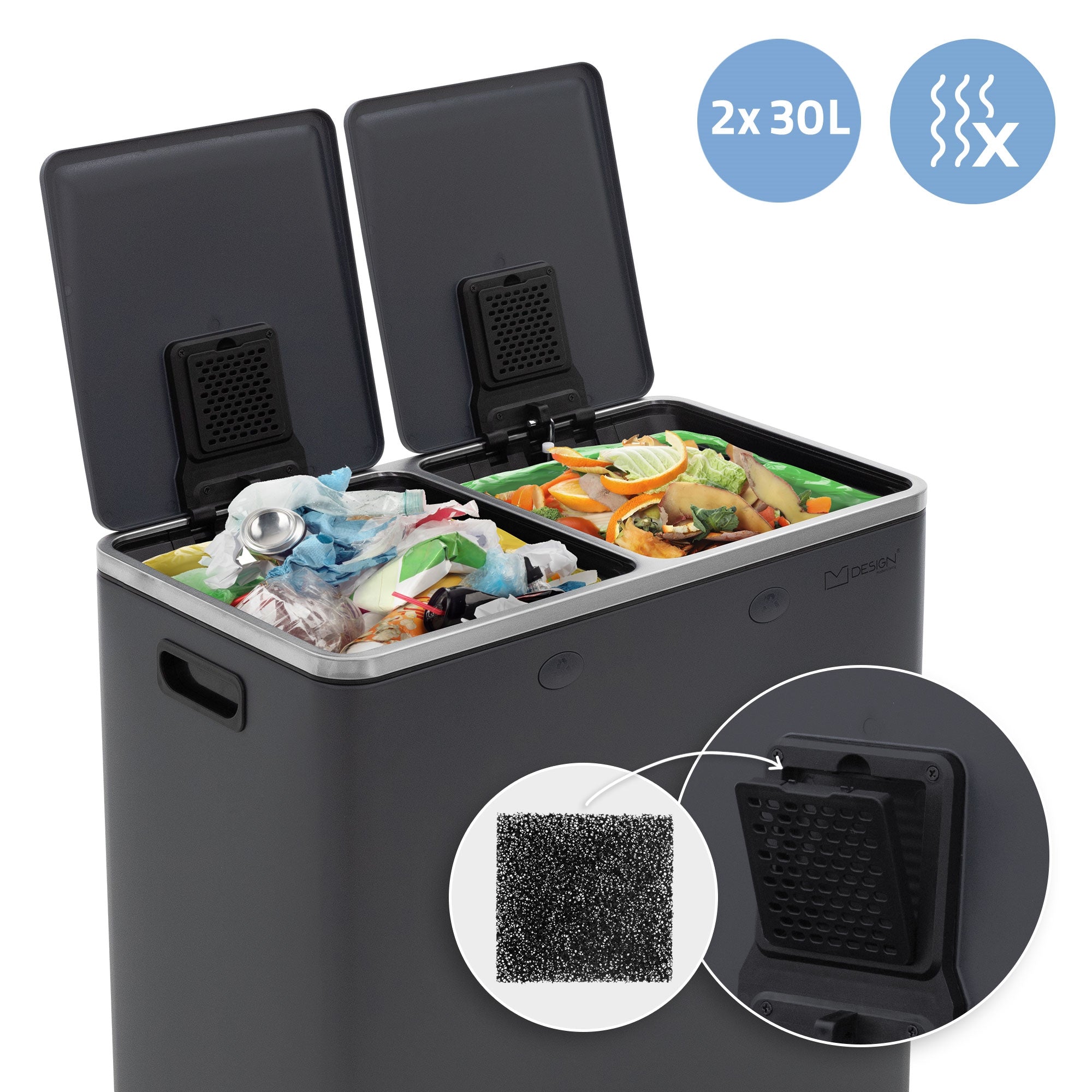 Conteneur à déchets avec deux compartiments et un filtre à odeurs.