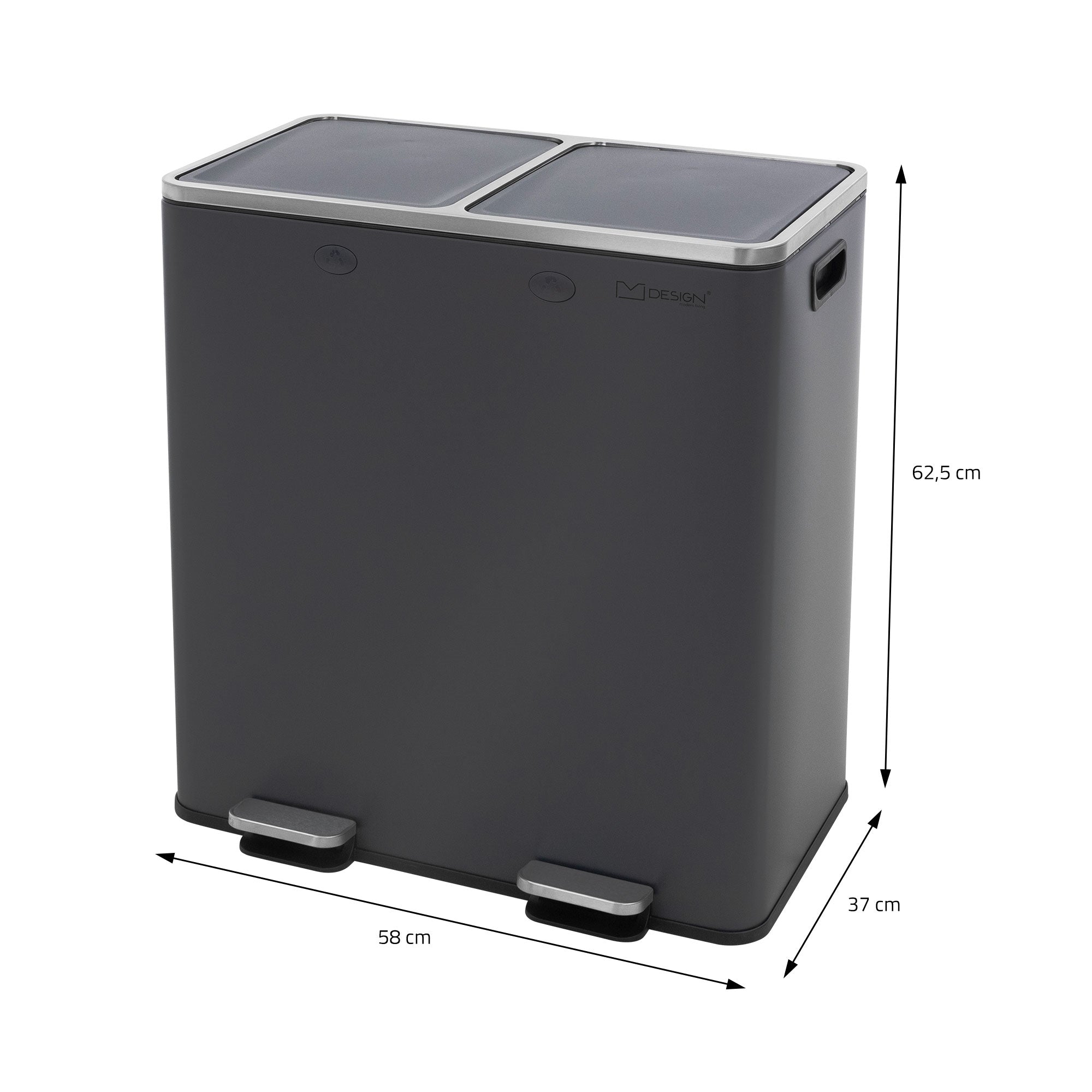 Conteneur à déchets avec deux compartiments, dimensions sur fond blanc.