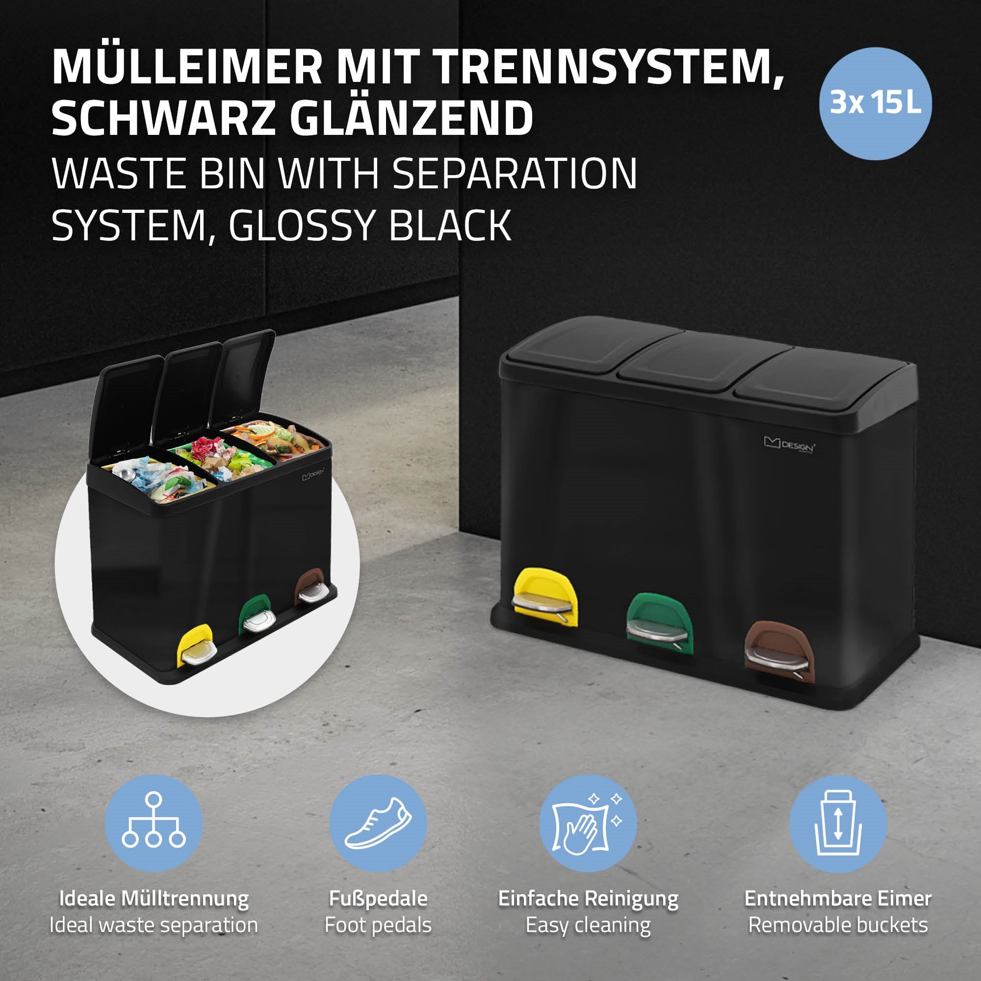 Müllbehälter mit Trennsystem in glänzendem Schwarz, drei Fächer, Fußpedale.