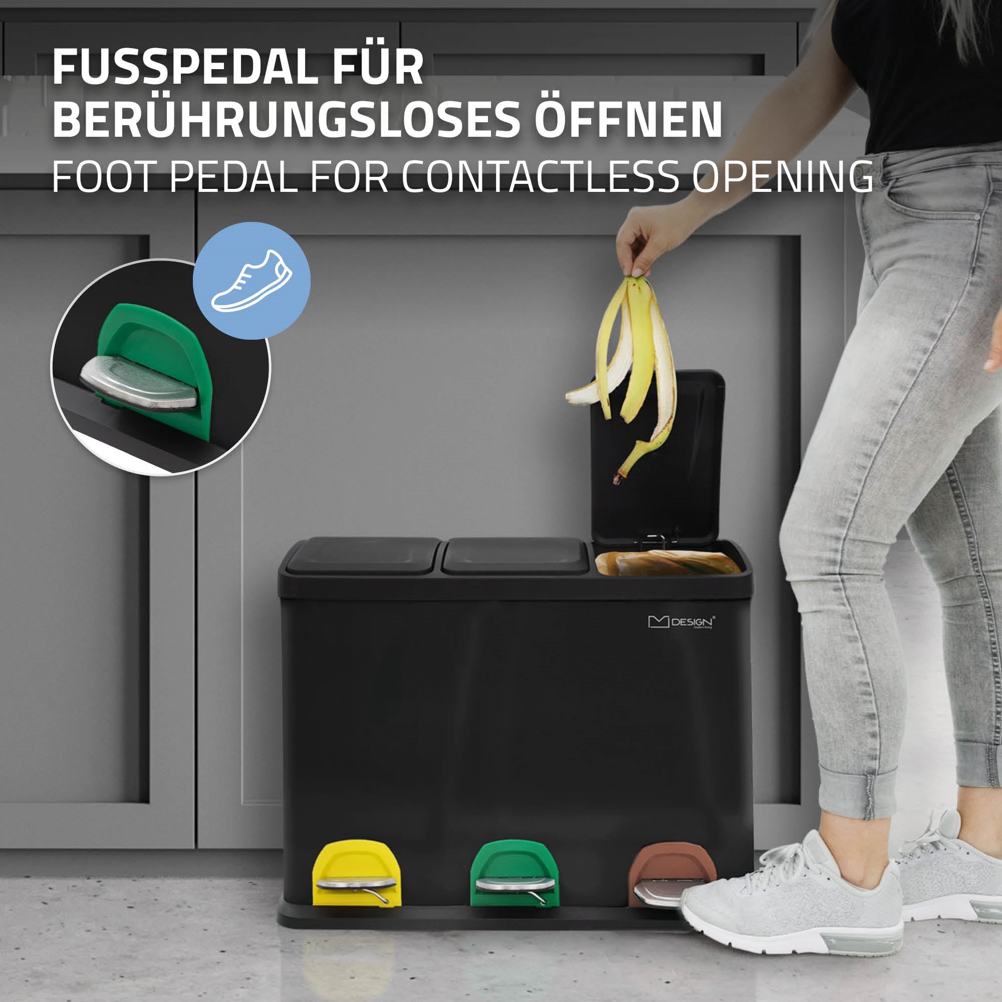 Grafik mit Fußpedal für berührungsloses Öffnen des Müllbehälters.
