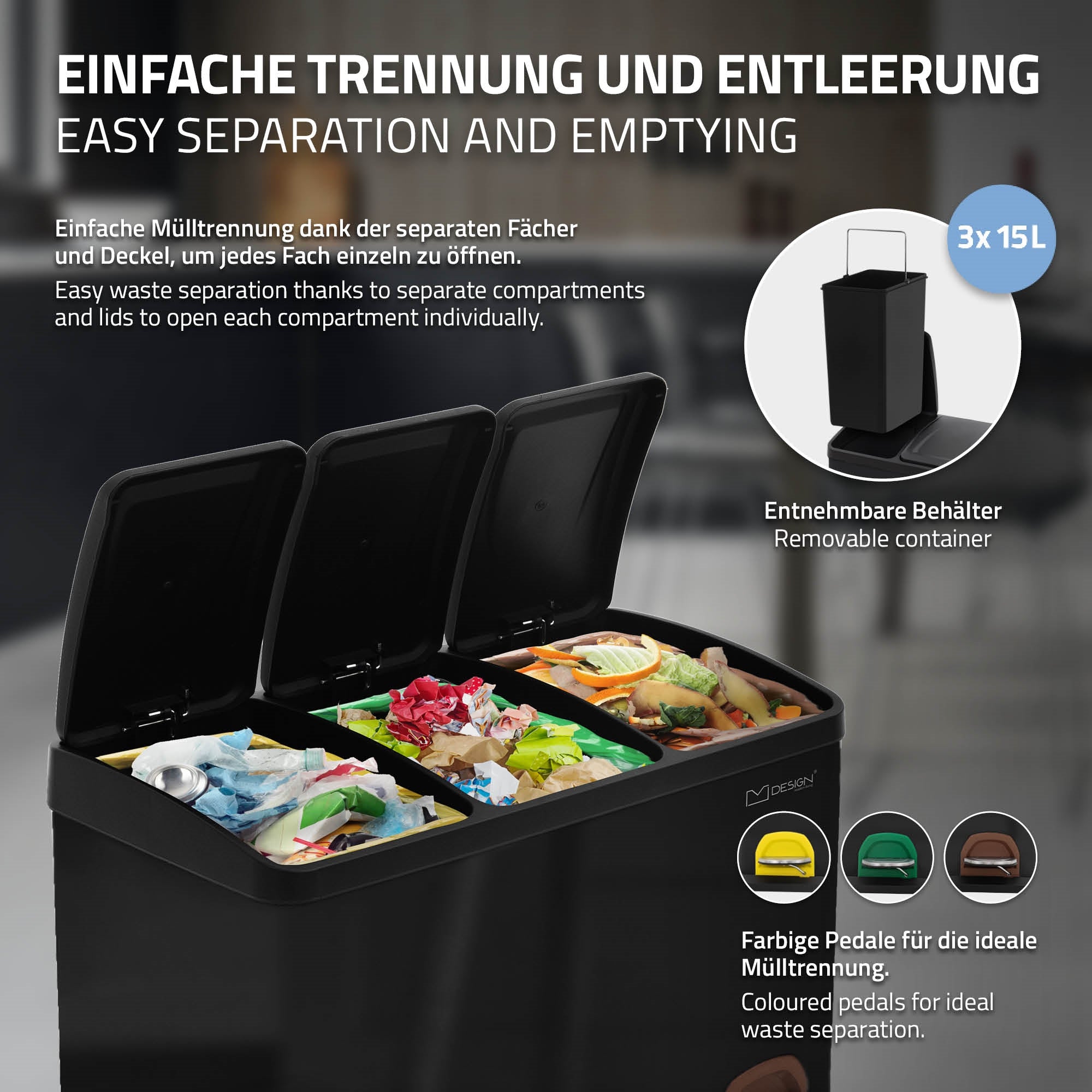 Mülltrennsystem mit drei Fächern, Deckel geöffnet, auf einem hellen Hintergrund.