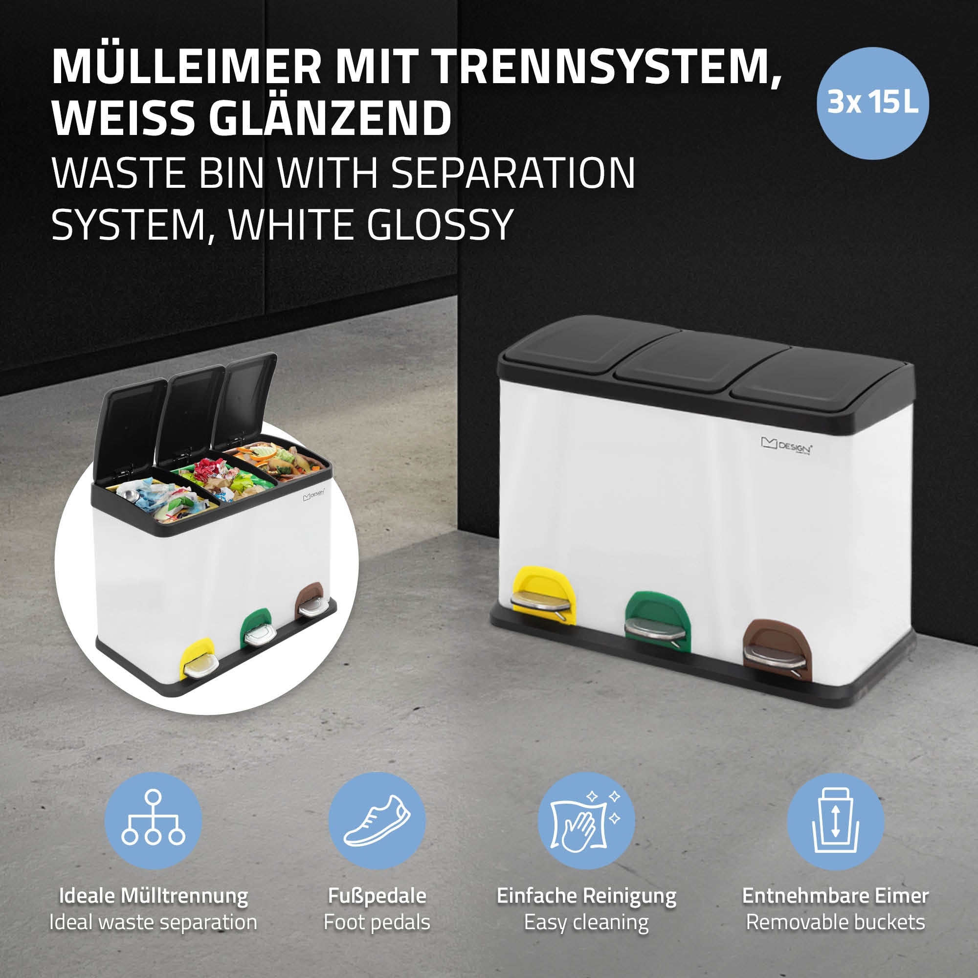 Waste bin with separation system, glossy white, three compartments and colored pedals.