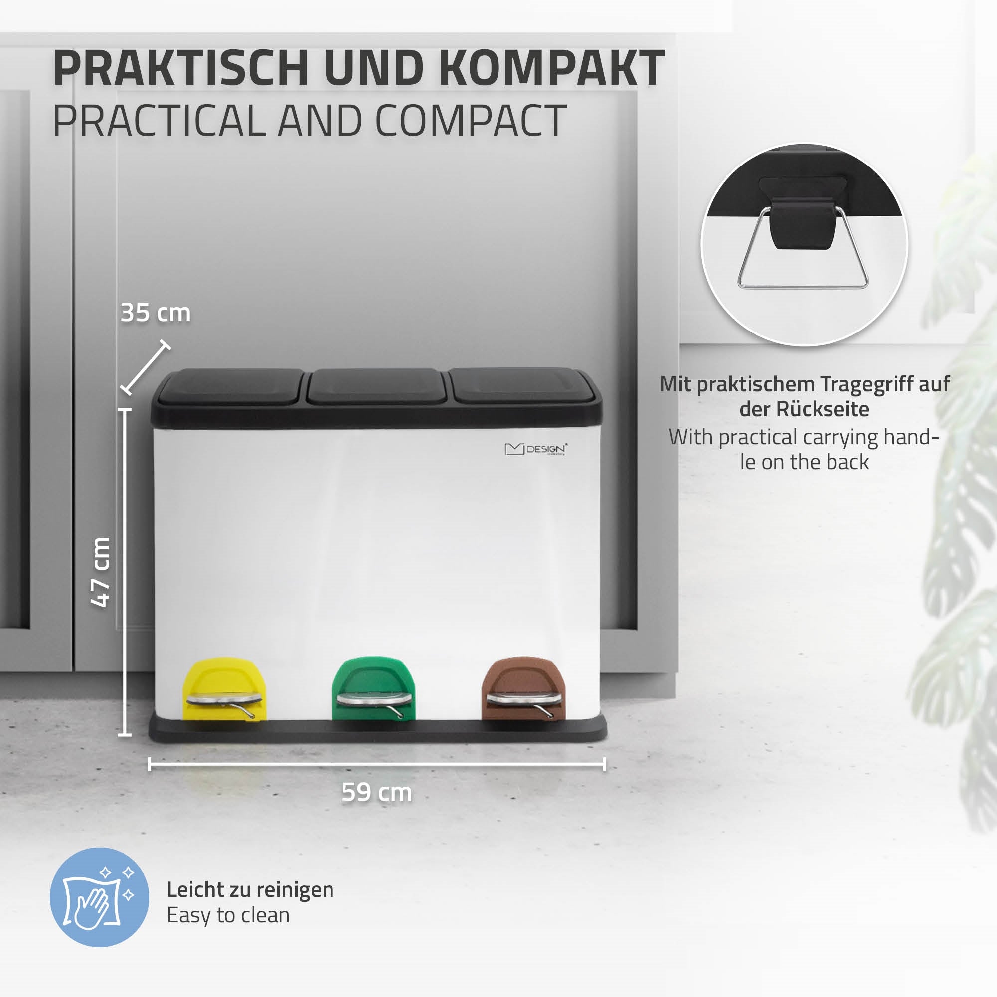 Waste separation system with three compartments and foot pedals, on a light background.
