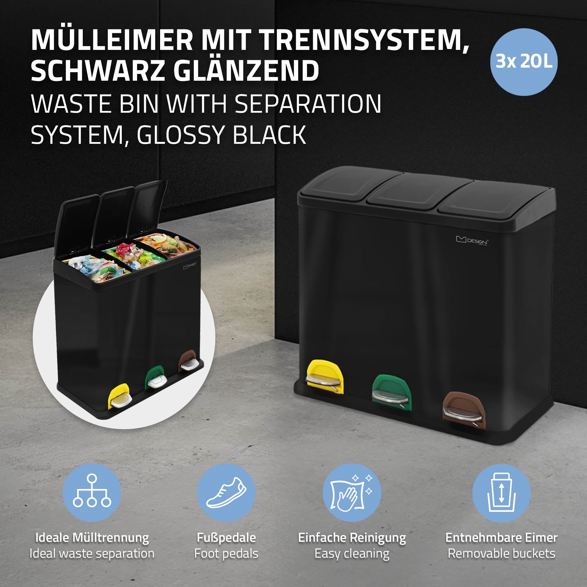 Schwarzer Müllbehälter mit drei Fächern und Fußpedalen.