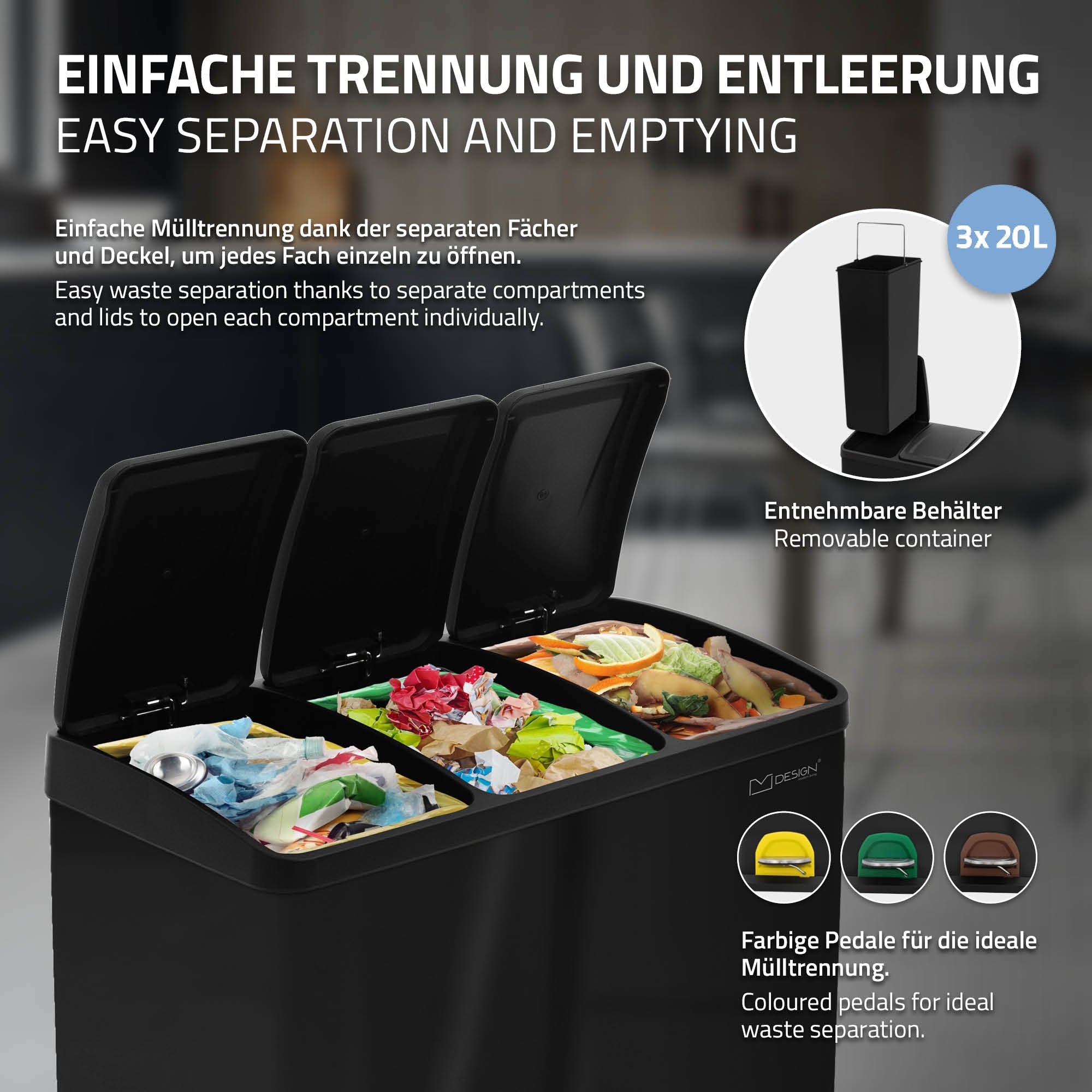 Mülleimer mit Deckel, drei Fächer, einfache Entleerung, farbige Pedale.