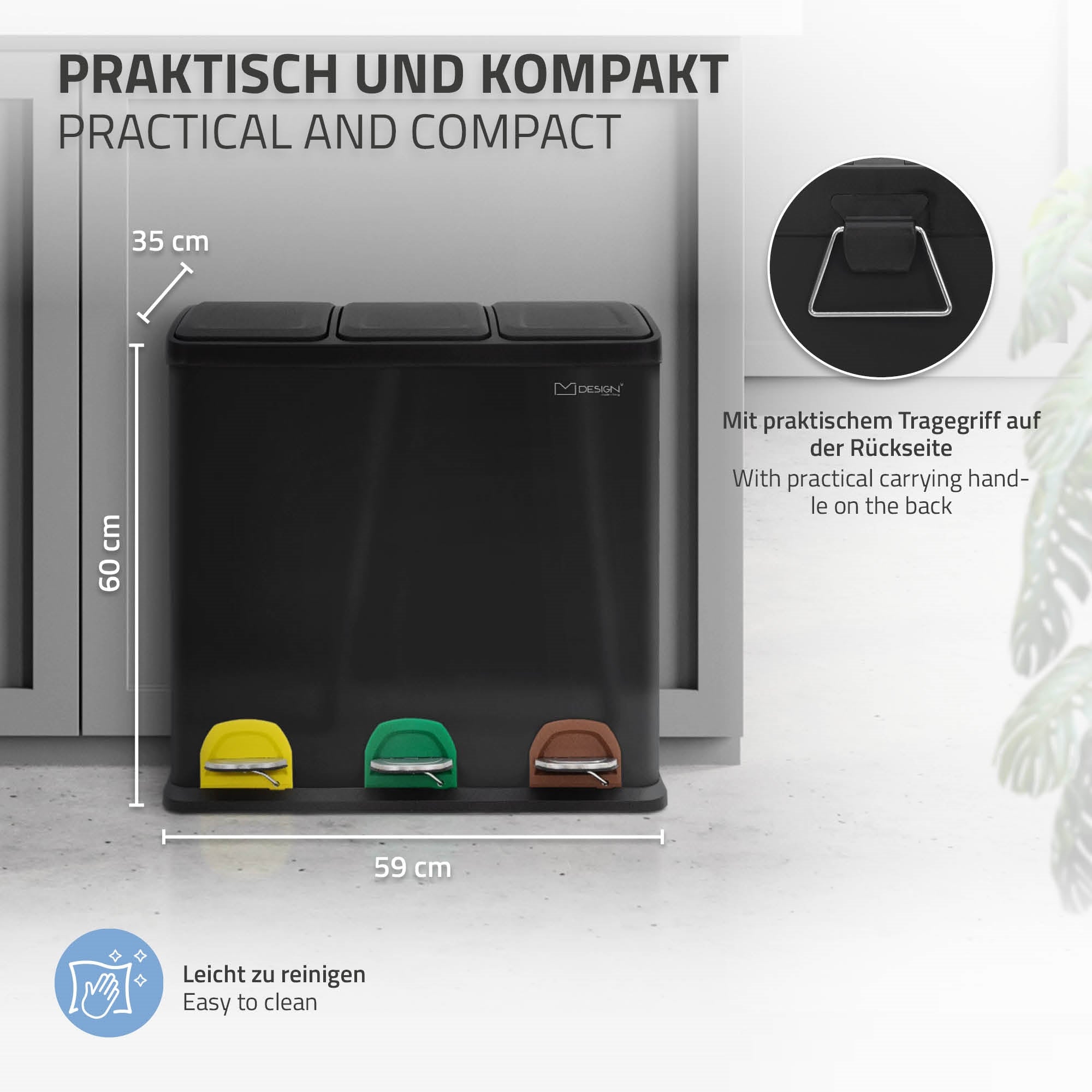 Mülleimer mit drei Fächern, Fußpedalen und Tragegriff auf der Rückseite.