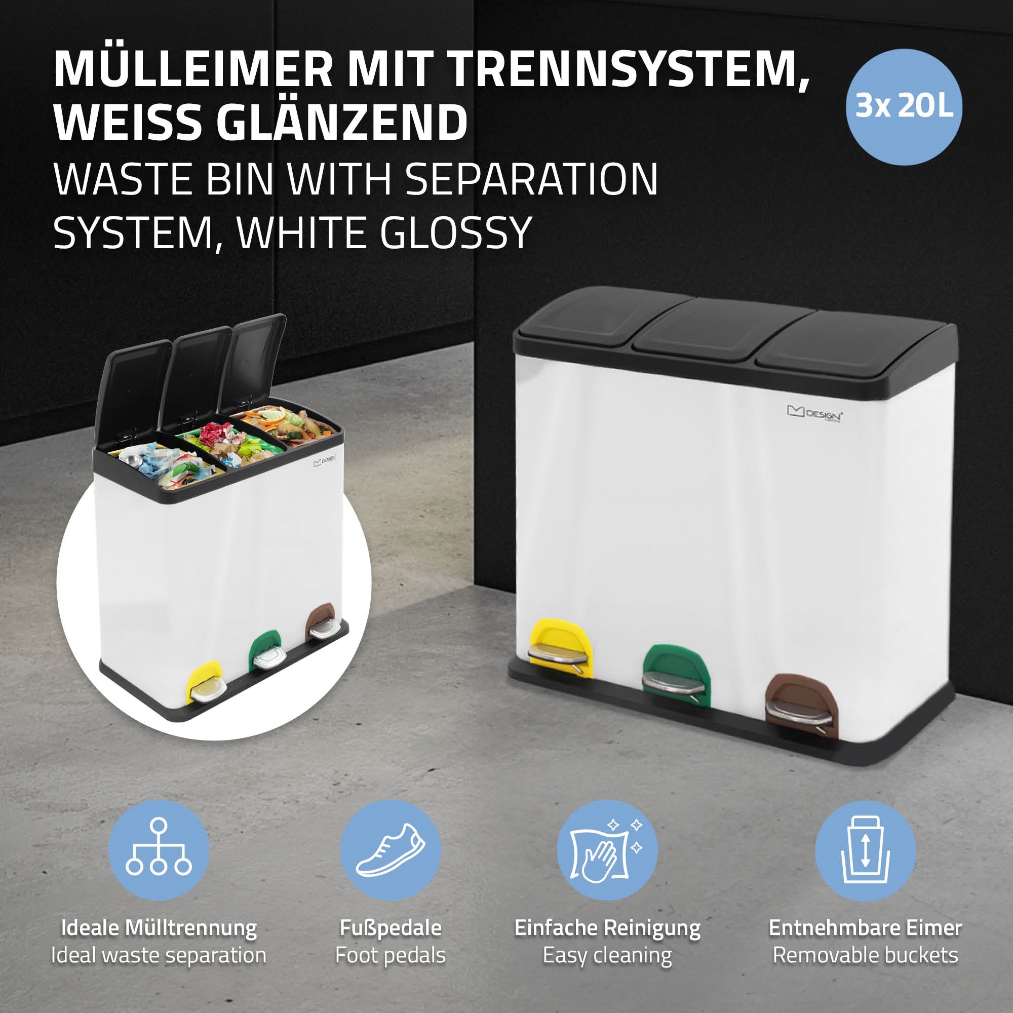 Mülleimer mit Trennsystem in Weiß, drei Fächer, Fußpedale in verschiedenen Farben.
