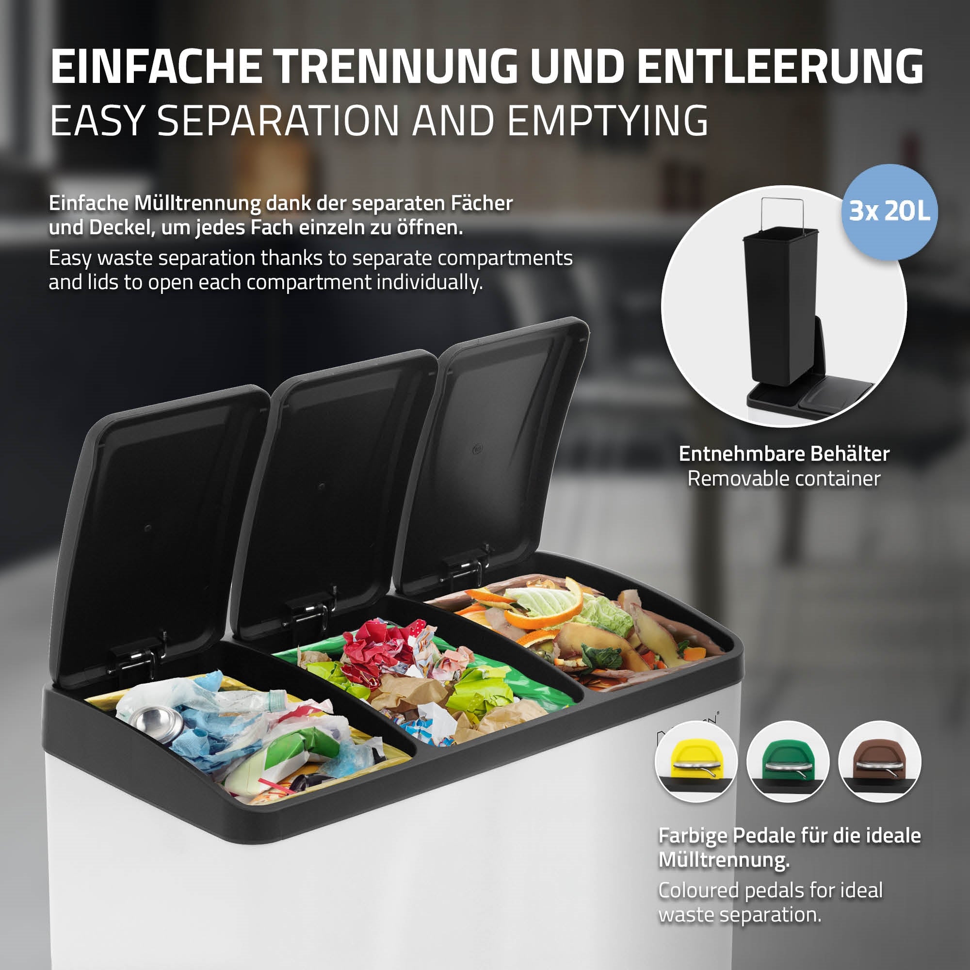 Schwarzer Müllimer mit separaten Fächern und einem herausnehmbaren Behälter.